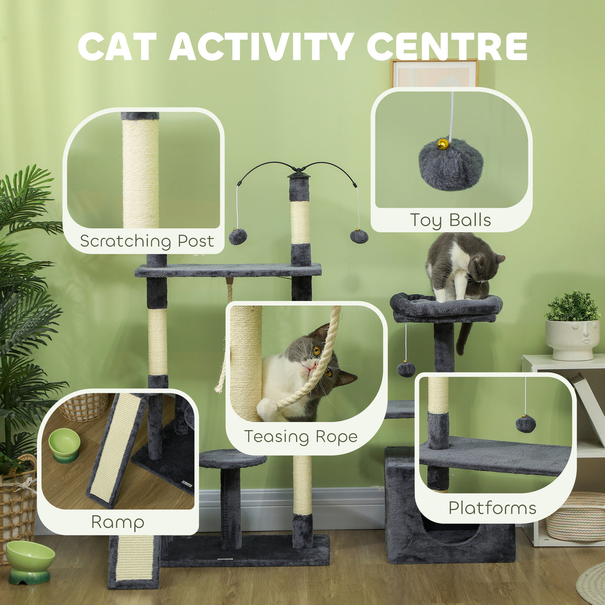 53" Cat Tree Tower with Scratching Posts and Condo - Dark Grey-Cats-DECOROLALA