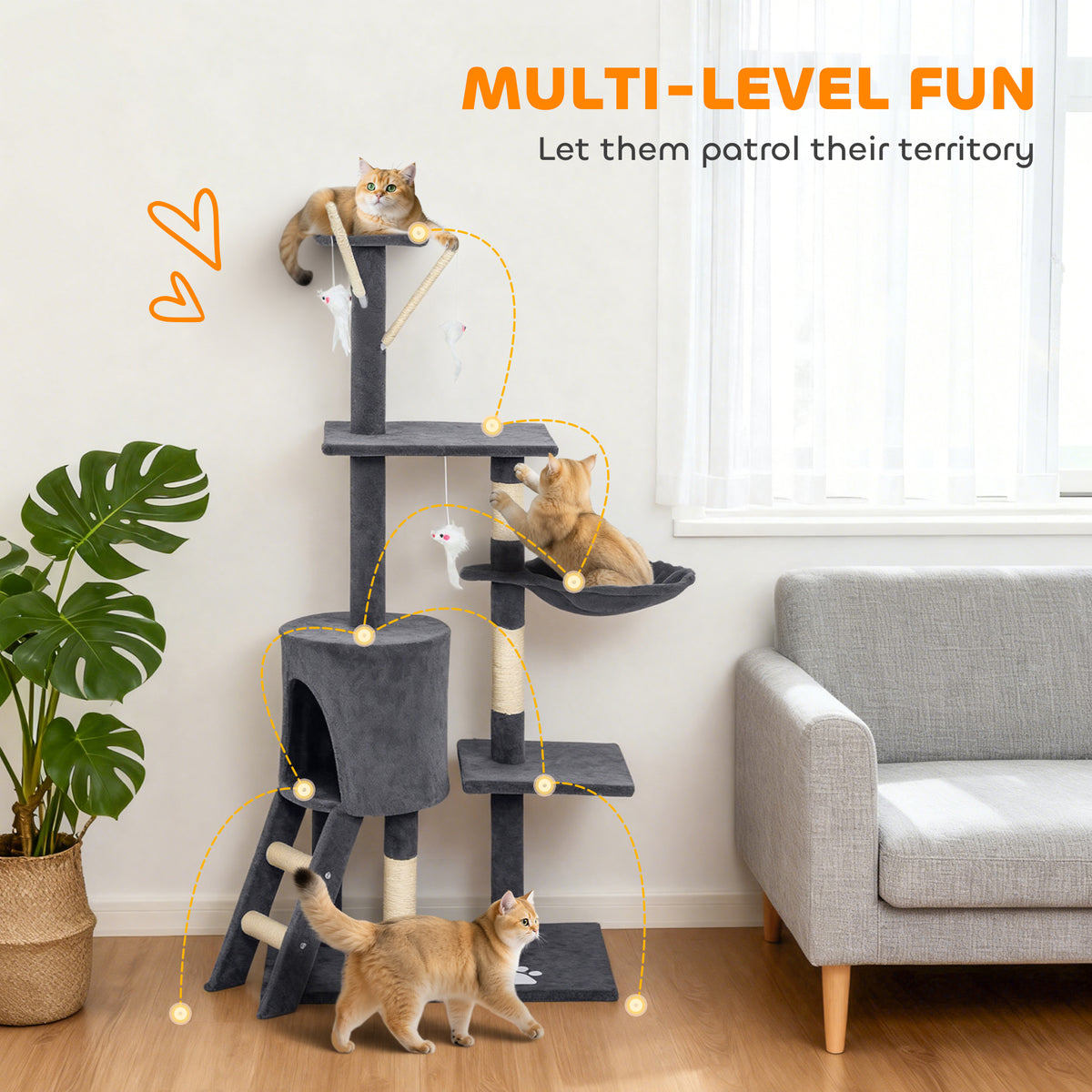 53" Cat Tree Tower with Scratching Posts and Condo - Dark Grey-Cats-DECOROLALA