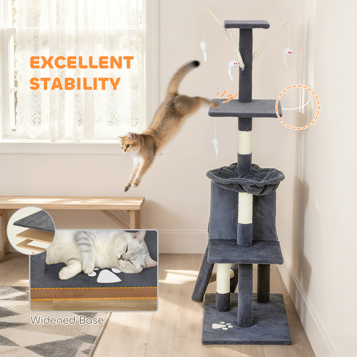 53" Cat Tree Tower with Scratching Posts and Condo - Dark Grey-Cats-DECOROLALA