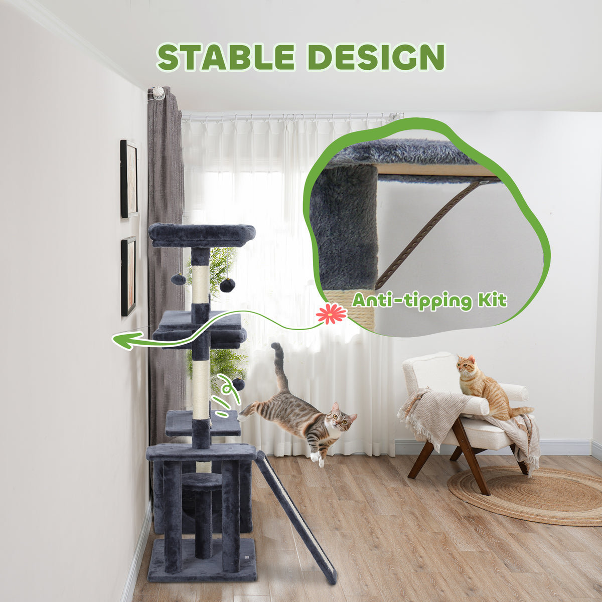 53" Cat Tree Tower with Scratching Posts and Condo - Dark Grey-Cats-DECOROLALA