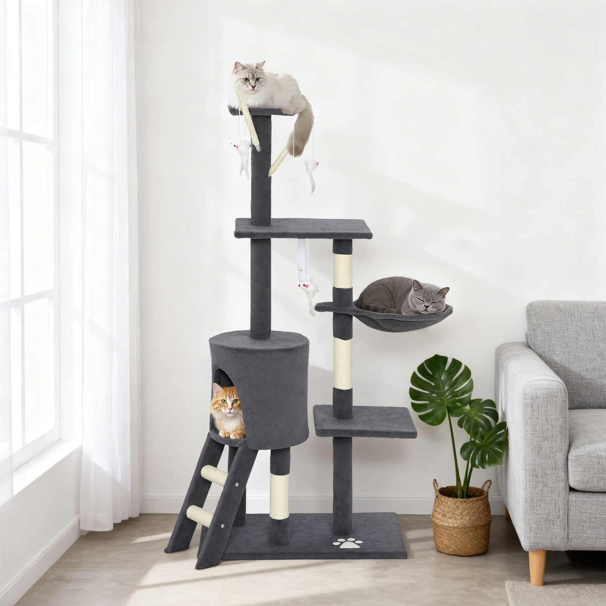 53" Cat Tree Tower with Scratching Posts and Condo - Dark Grey-Cats-DECOROLALA