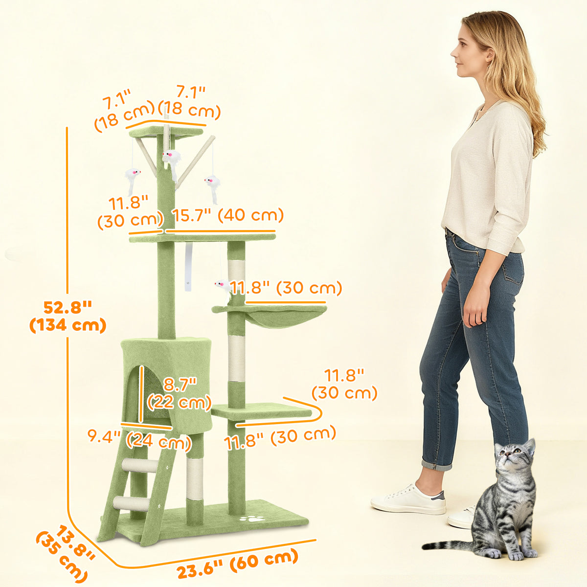 53" Cat Tree Tower with Scratching Posts and Condo - Green-Cats-DECOROLALA