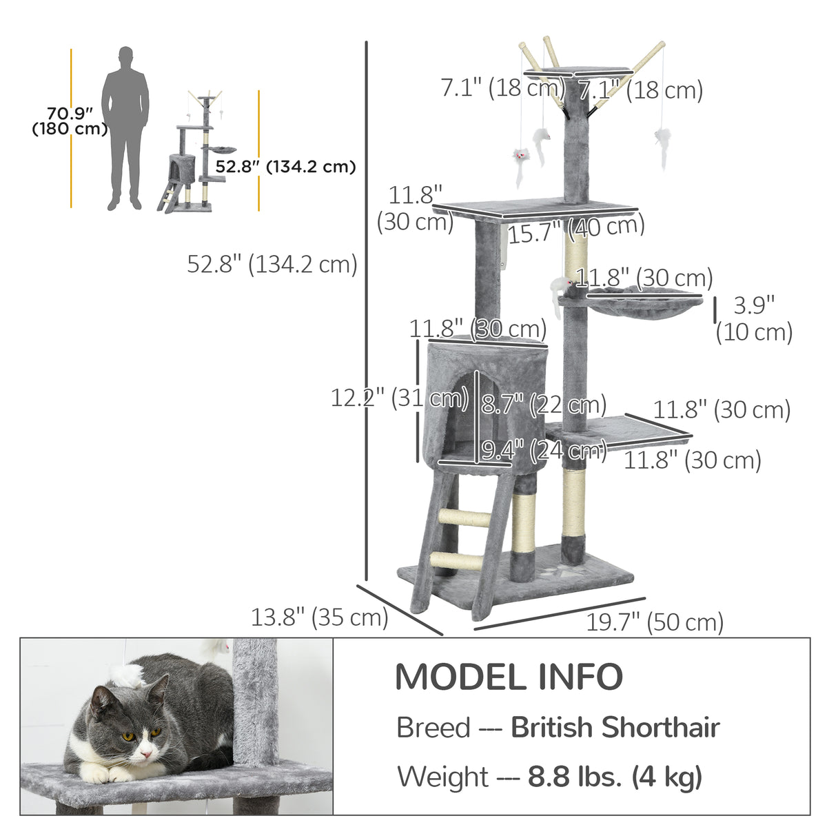 53" Cat Tree Tower with Scratching Posts and Condo - Grey-Cats-DECOROLALA