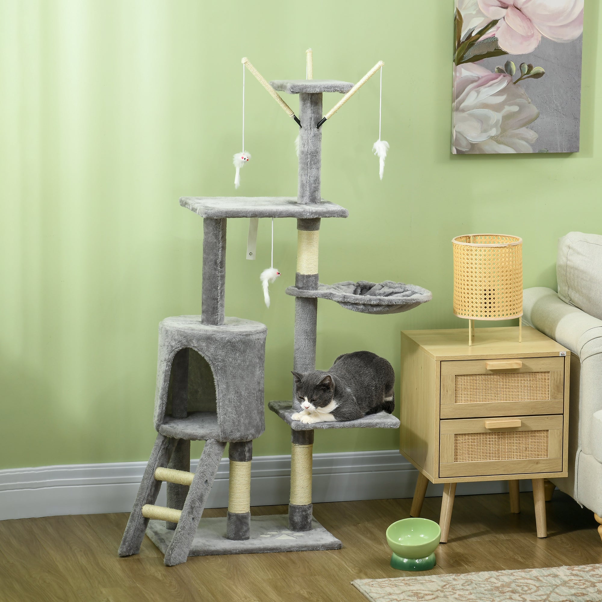53" Cat Tree Tower with Scratching Posts and Condo - Grey-Cats-DECOROLALA