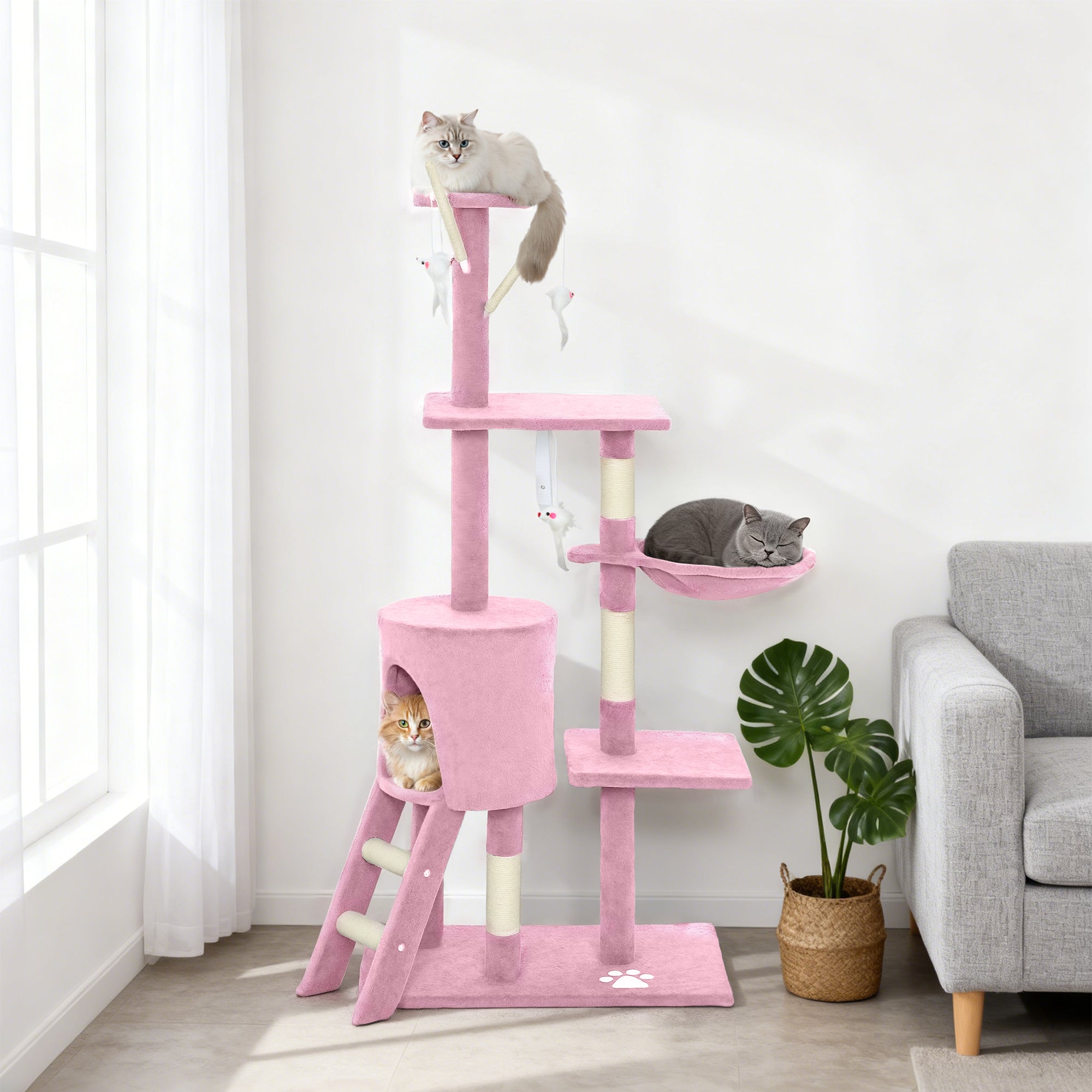 53" Cat Tree Tower with Scratching Posts and Condo - Pink-Cats-DECOROLALA