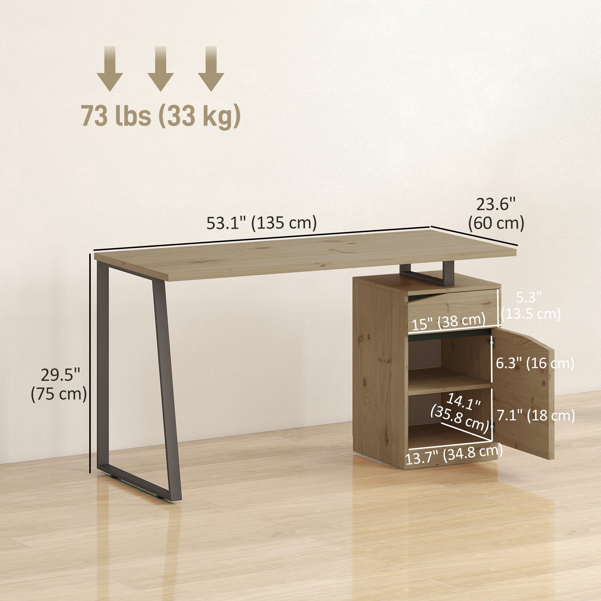 53" Computer Desk with Drawer and Cabinet - Natural Wood-Office Products > Office Furniture > Office Desks & Work Stations-DECOROLALA
