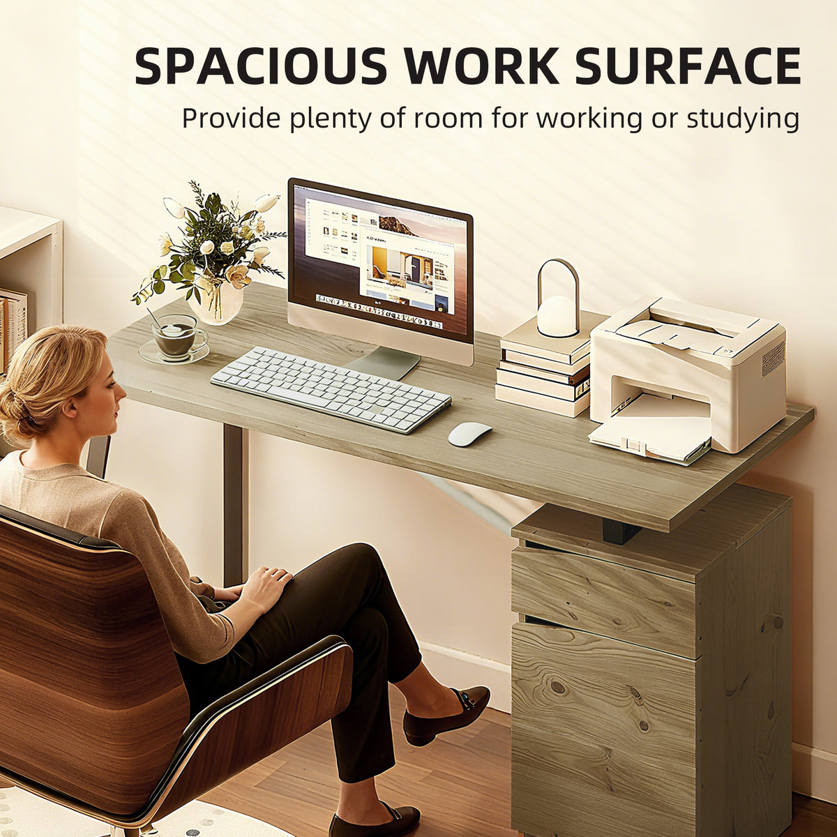 53" Computer Desk with Drawer and Cabinet - Natural Wood-Office Products > Office Furniture > Office Desks & Work Stations-DECOROLALA