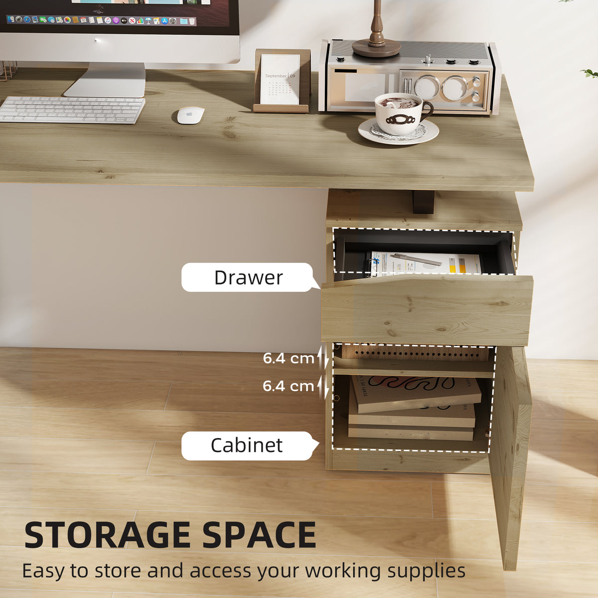 53" Computer Desk with Drawer and Cabinet - Natural Wood-Office Products > Office Furniture > Office Desks & Work Stations-DECOROLALA