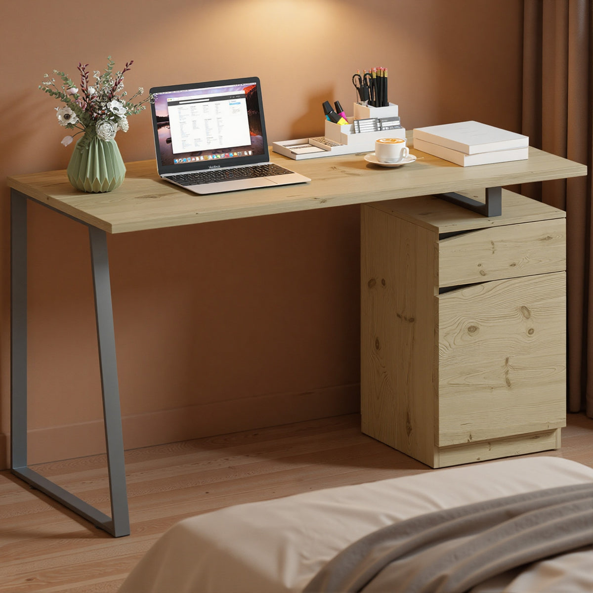 53" Computer Desk with Drawer and Cabinet - Natural Wood-Office Products > Office Furniture > Office Desks & Work Stations-DECOROLALA