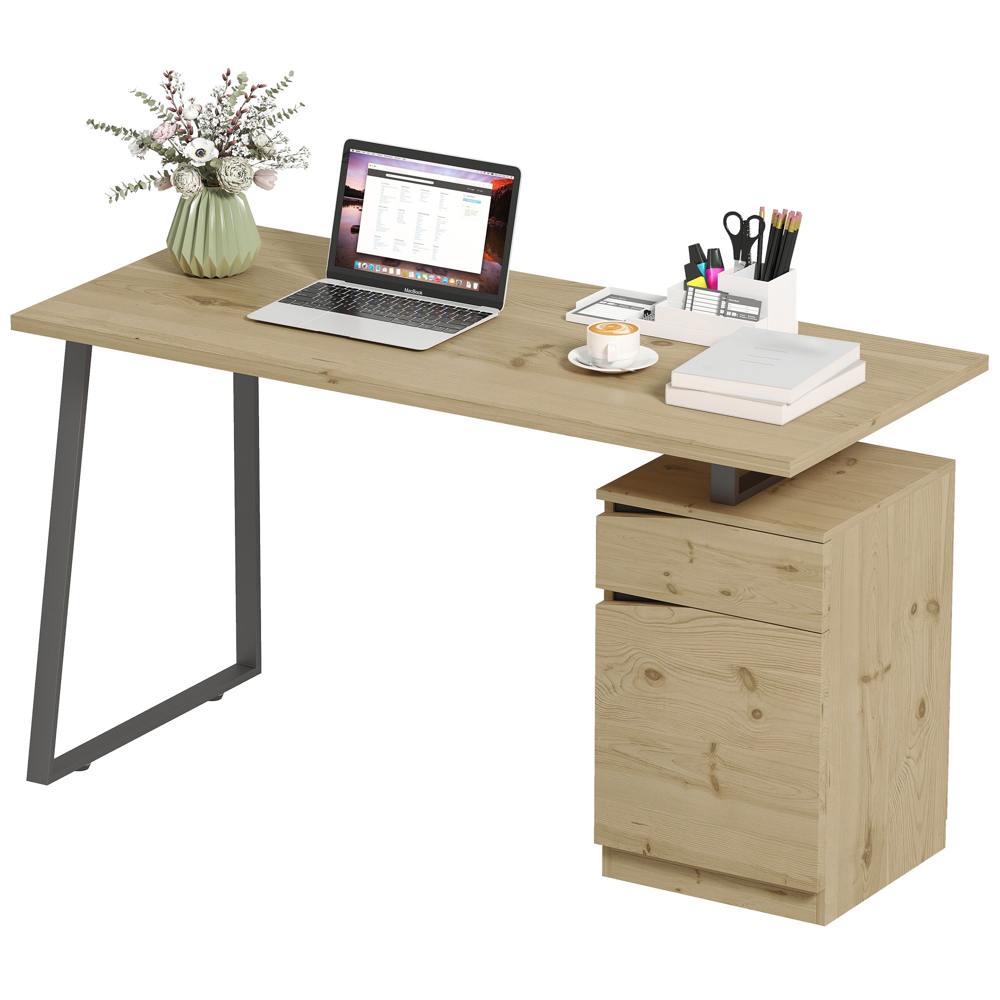 53" Computer Desk with Drawer and Cabinet - Natural Wood-Office Products > Office Furniture > Office Desks & Work Stations-DECOROLALA