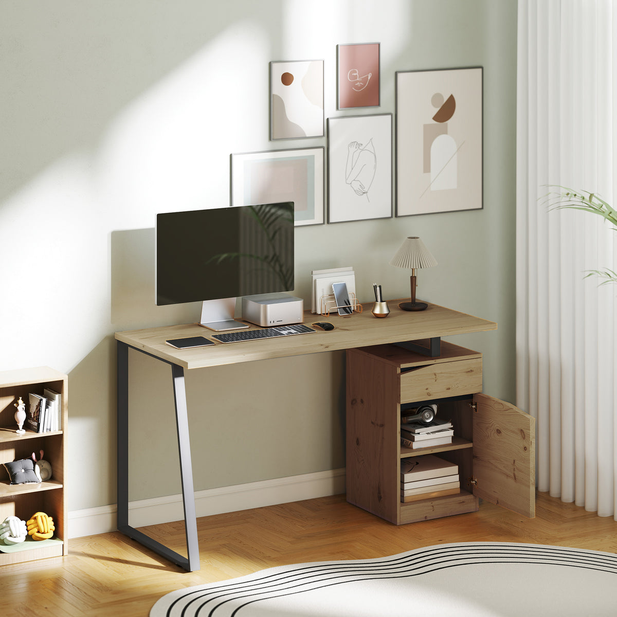 53" Computer Desk with Drawer and Cabinet - Natural Wood-Office Products > Office Furniture > Office Desks & Work Stations-DECOROLALA