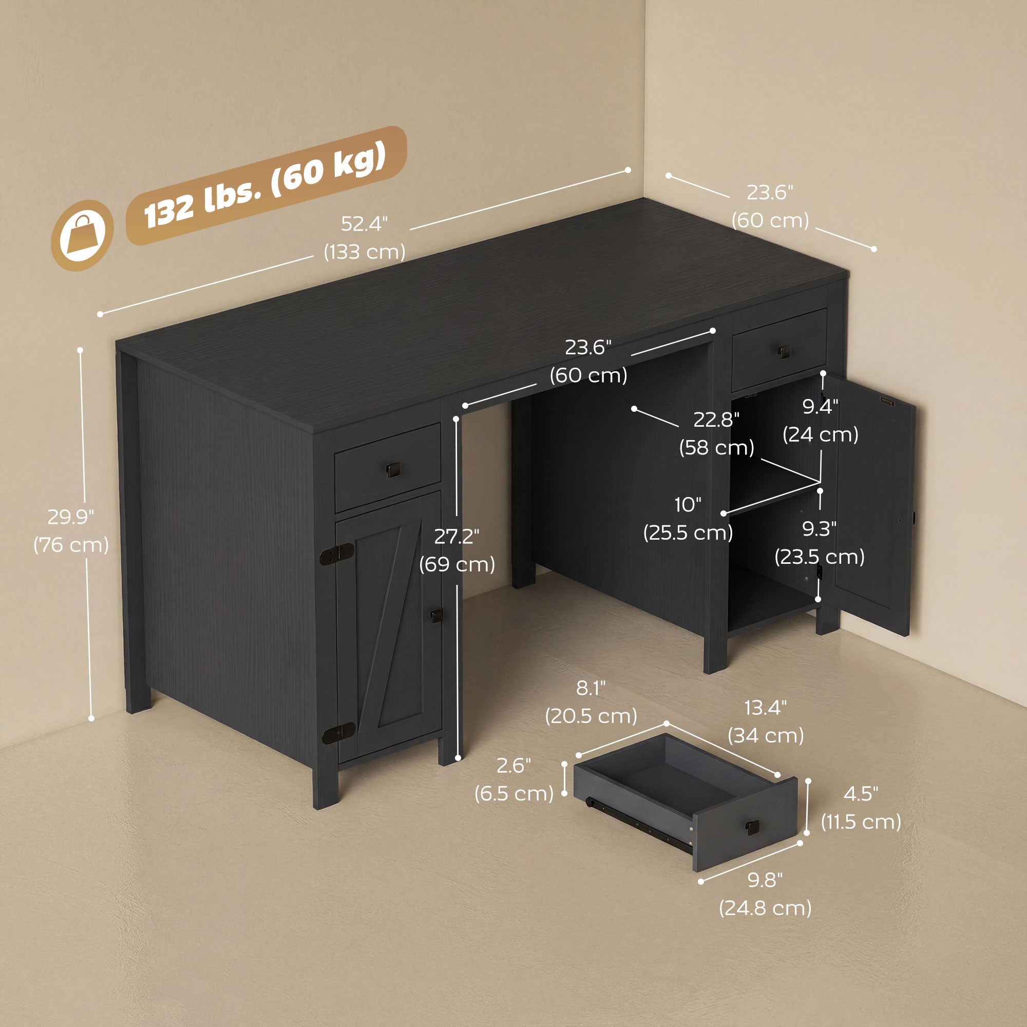 53" Farmhouse Executive Desk with Drawers & Cabinets - Black Wood Grain-DECOROLALA