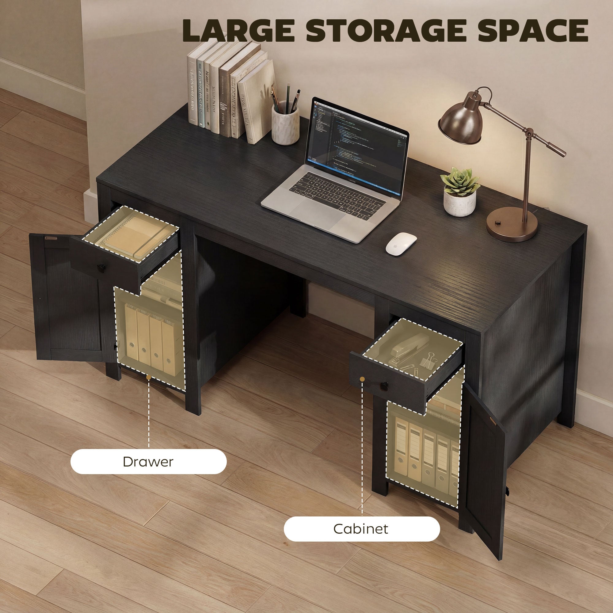 53" Farmhouse Executive Desk with Drawers & Cabinets - Black Wood Grain-DECOROLALA