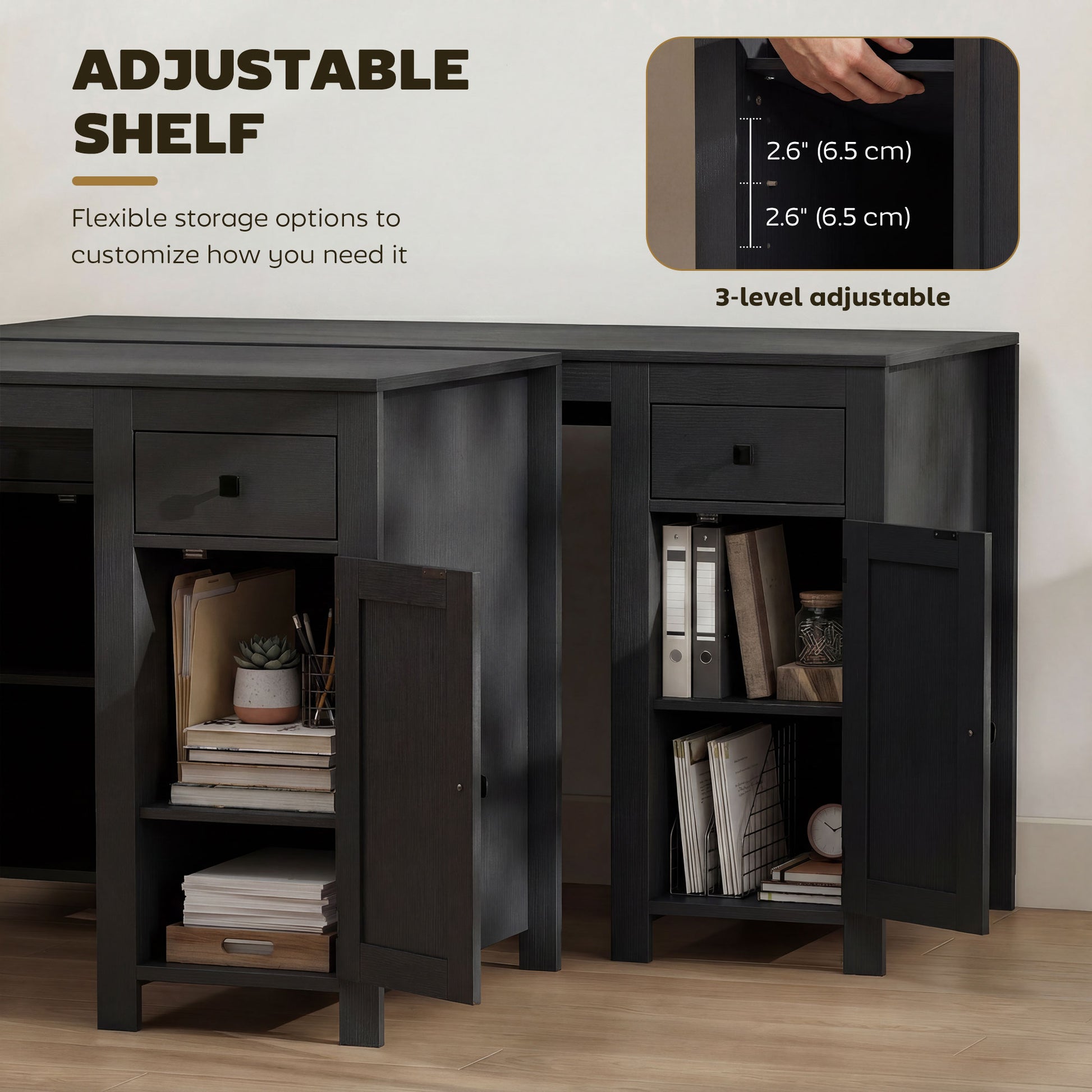 53" Farmhouse Executive Desk with Drawers & Cabinets - Black Wood Grain-DECOROLALA