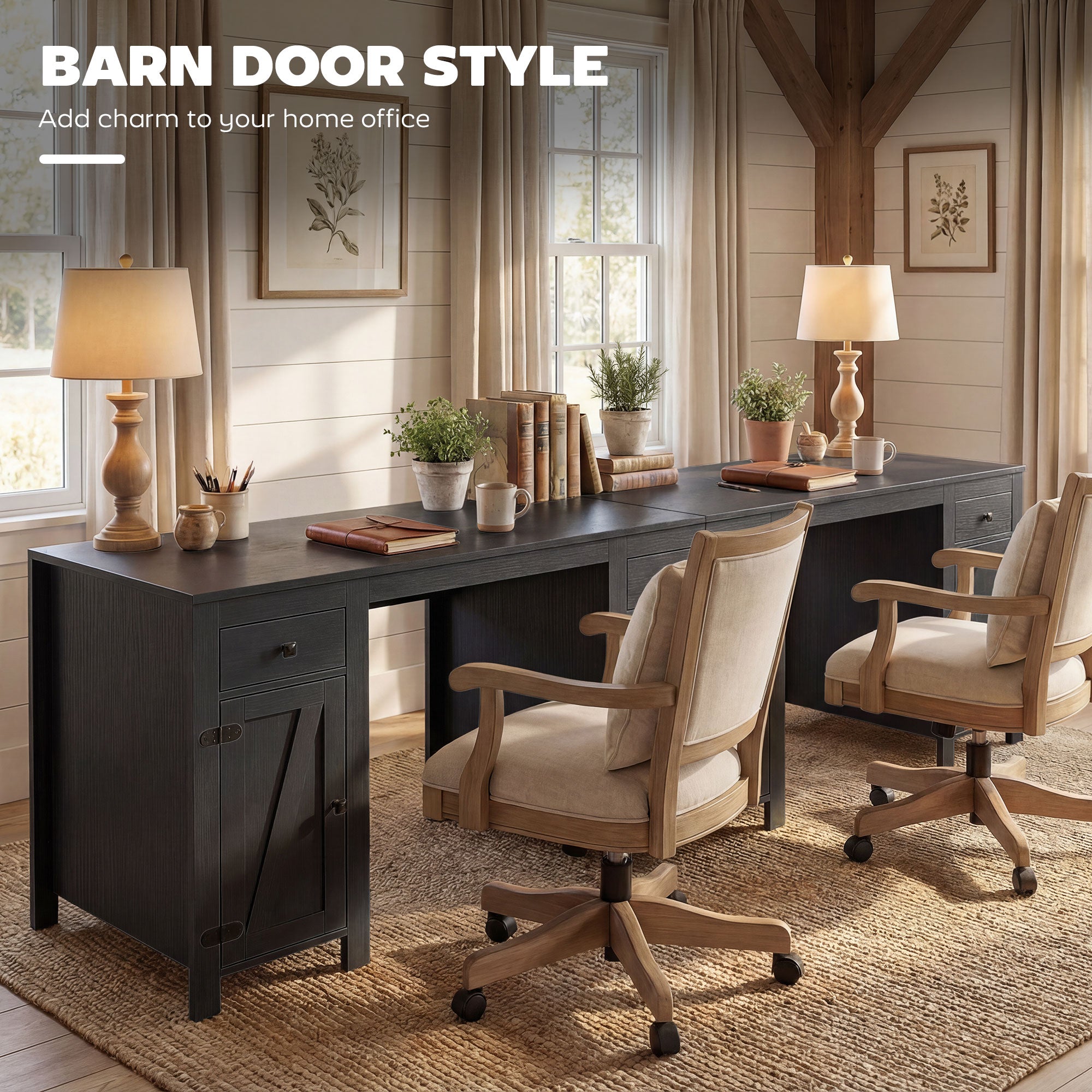 53" Farmhouse Executive Desk with Drawers & Cabinets - Black Wood Grain-DECOROLALA
