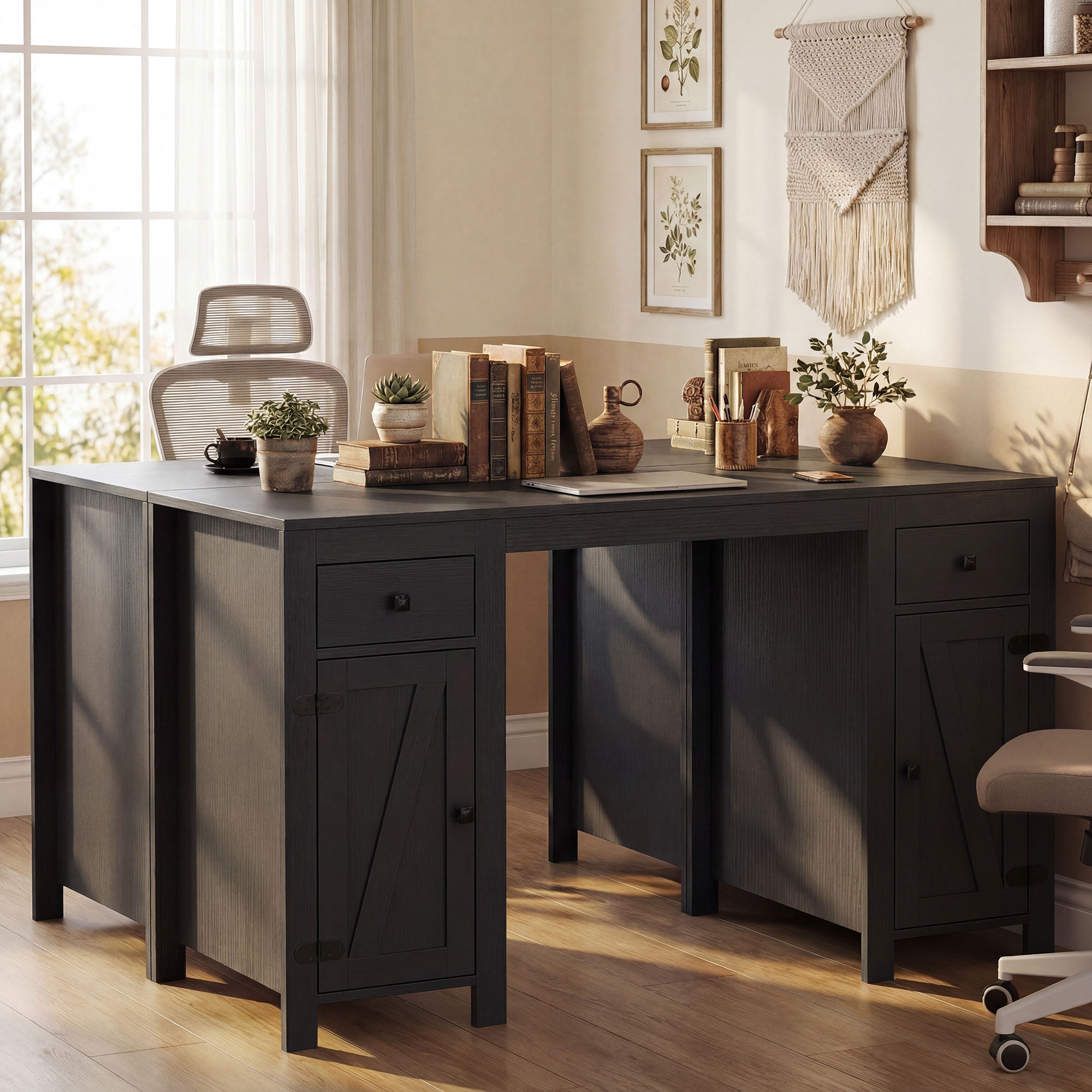 53" Farmhouse Executive Desk with Drawers & Cabinets - Black Wood Grain-DECOROLALA
