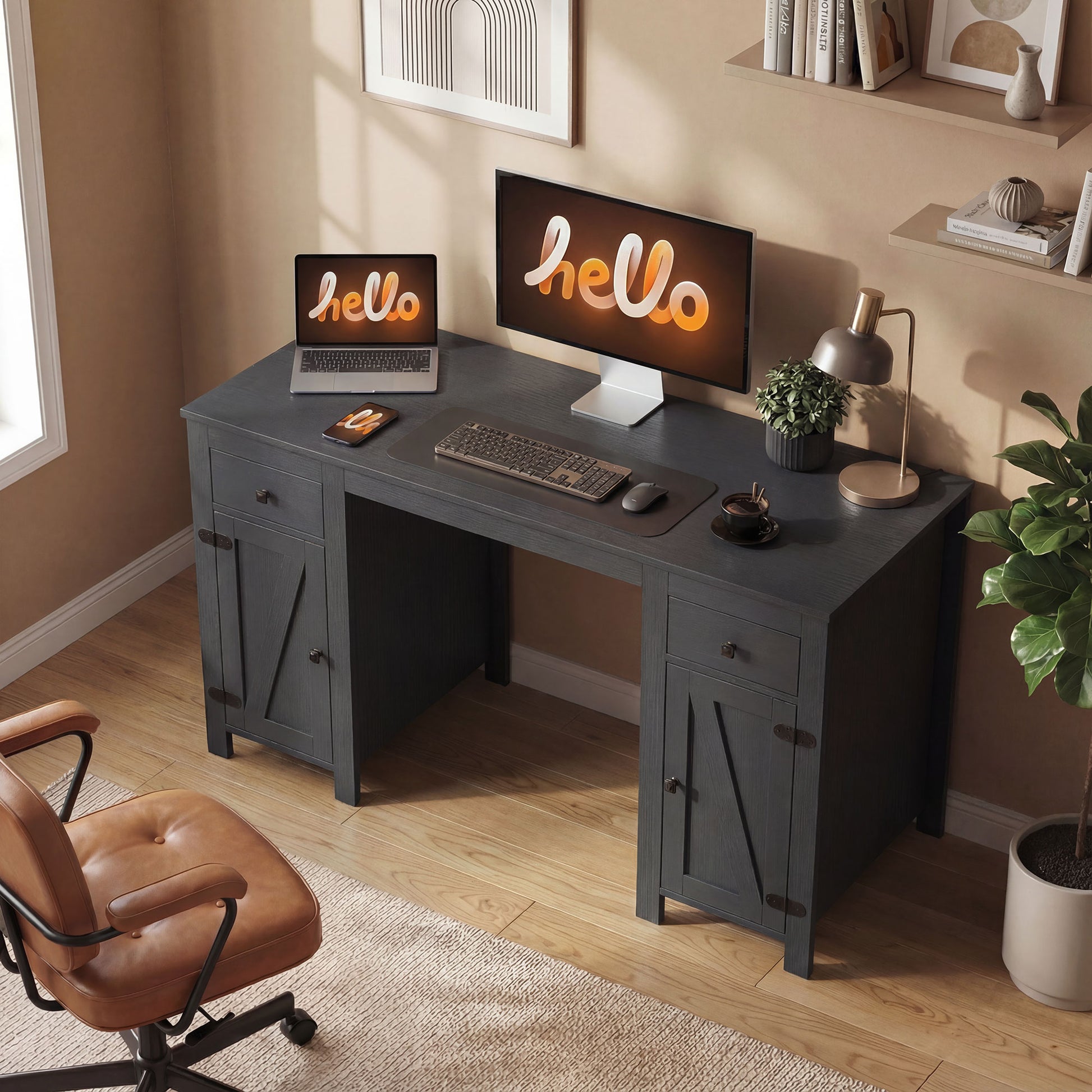 53" Farmhouse Executive Desk with Drawers & Cabinets - Black Wood Grain-DECOROLALA