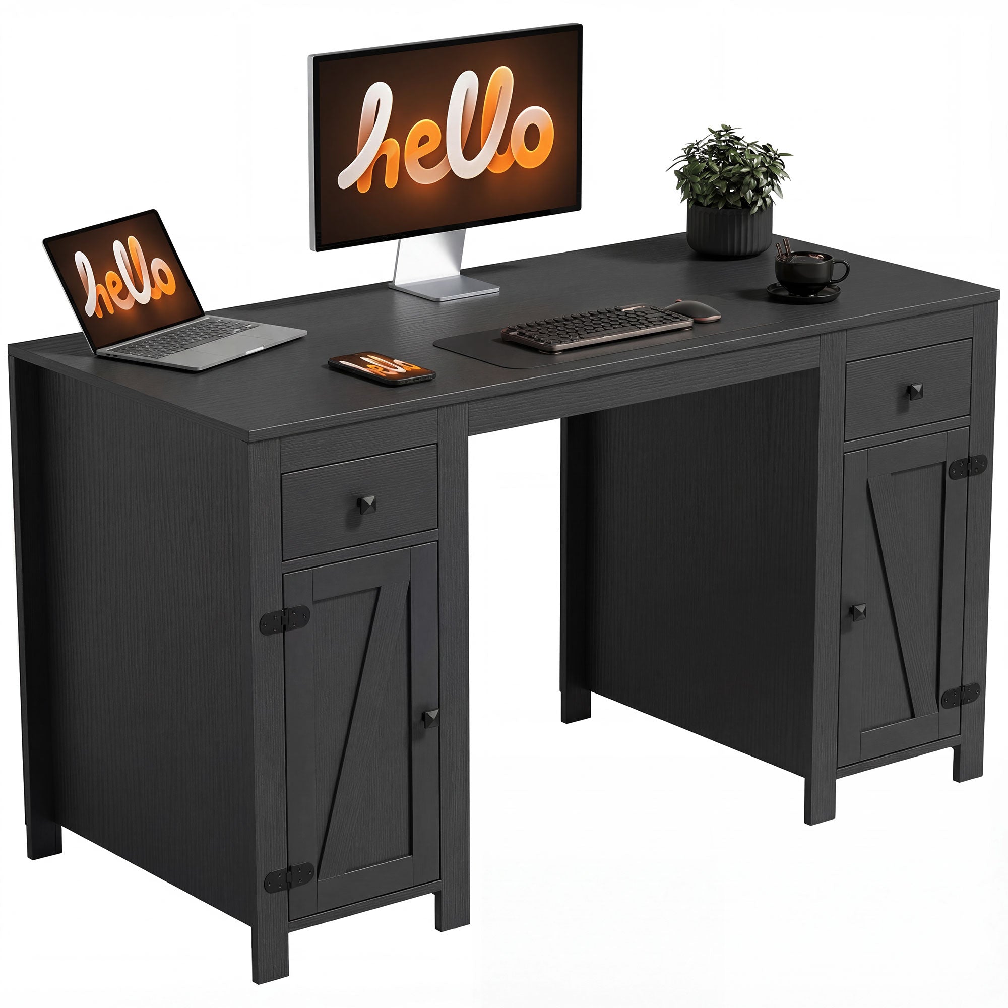 53" Farmhouse Executive Desk with Drawers & Cabinets - Black Wood Grain-DECOROLALA