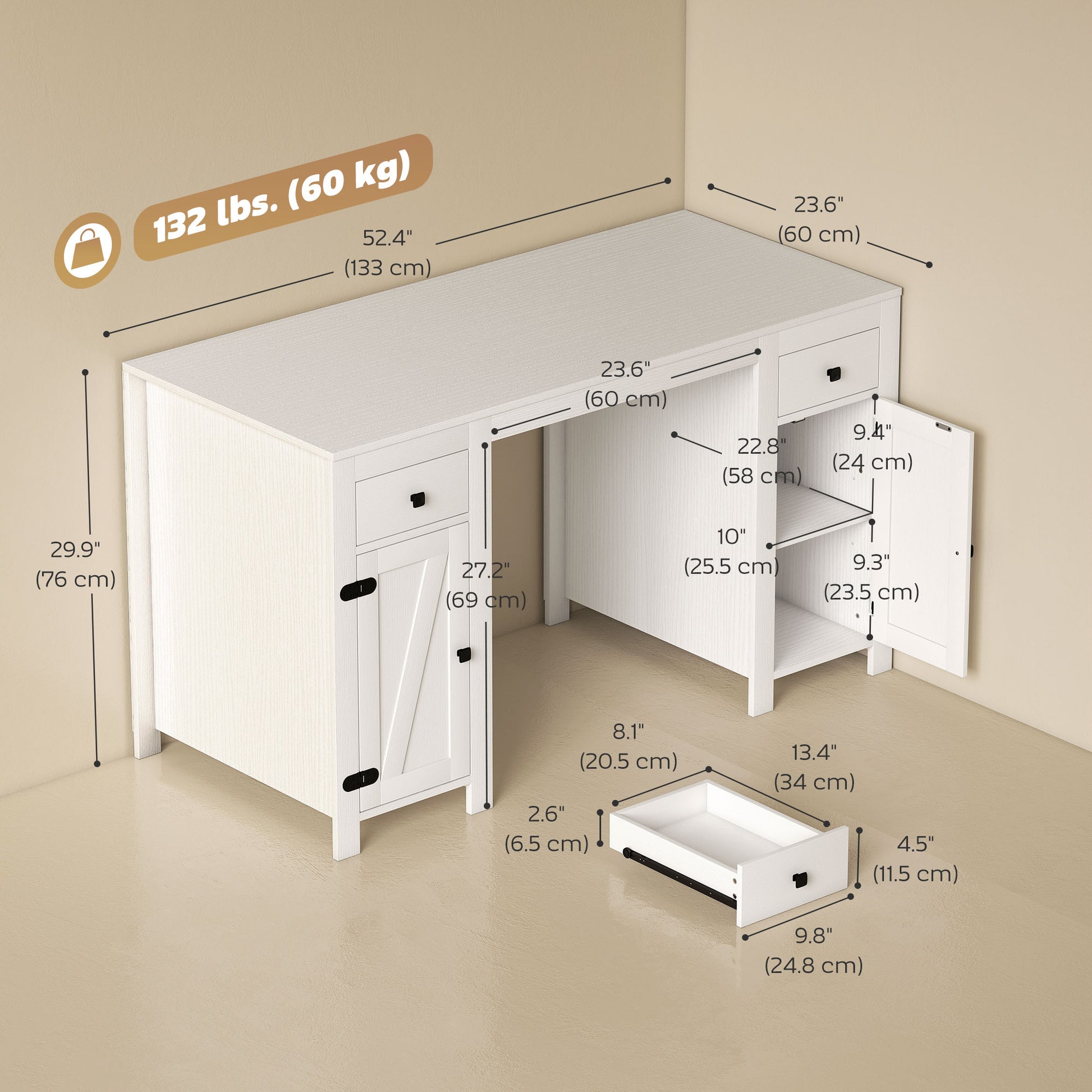 53" Farmhouse Executive Desk with Drawers - White Wood Grain-DECOROLALA