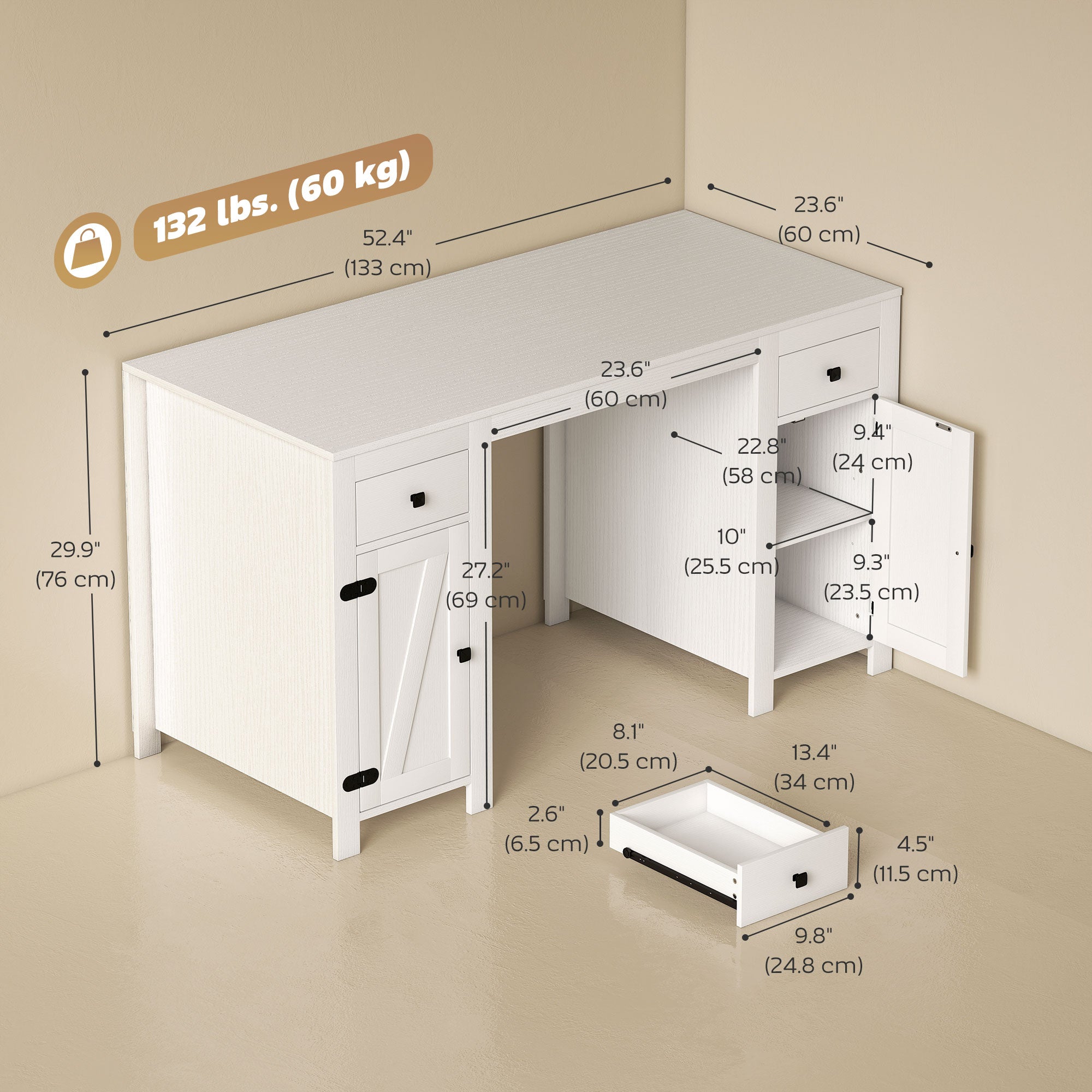 53" Farmhouse Executive Desk with Drawers - White Wood Grain-DECOROLALA