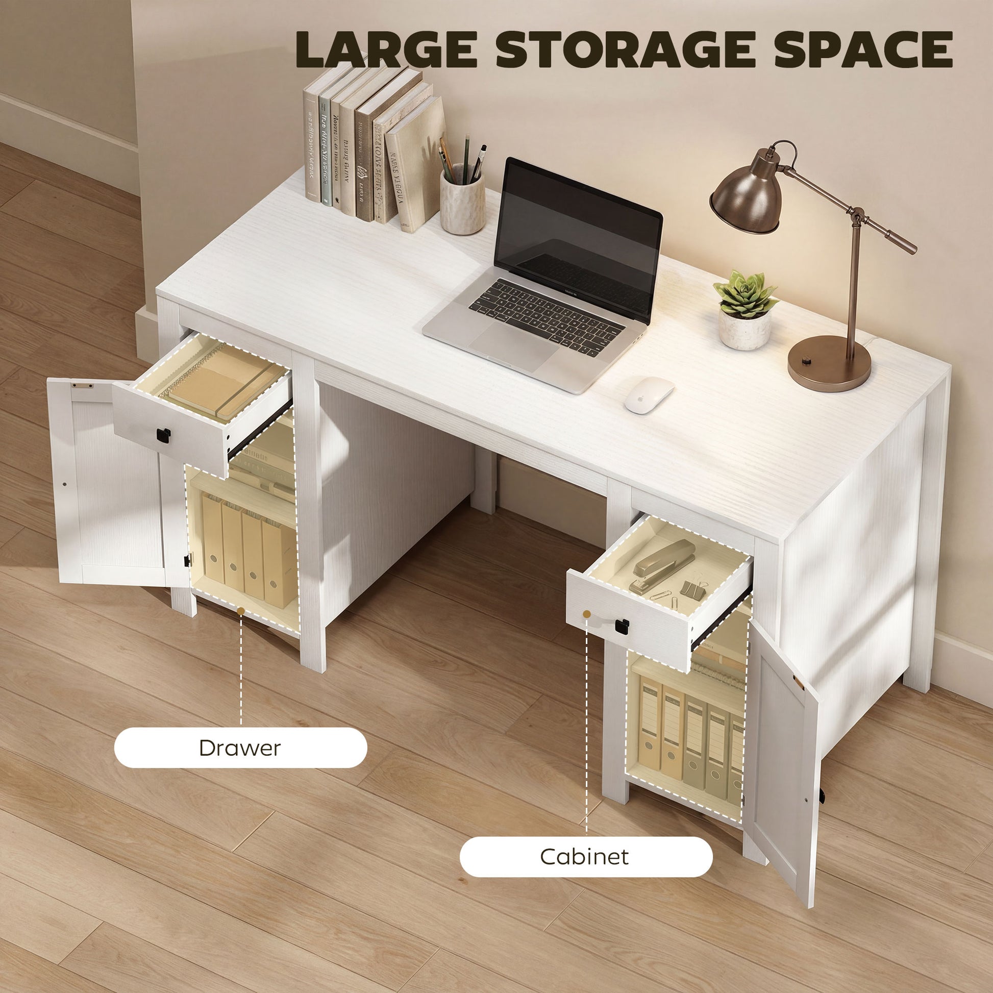 53" Farmhouse Executive Desk with Drawers - White Wood Grain-DECOROLALA