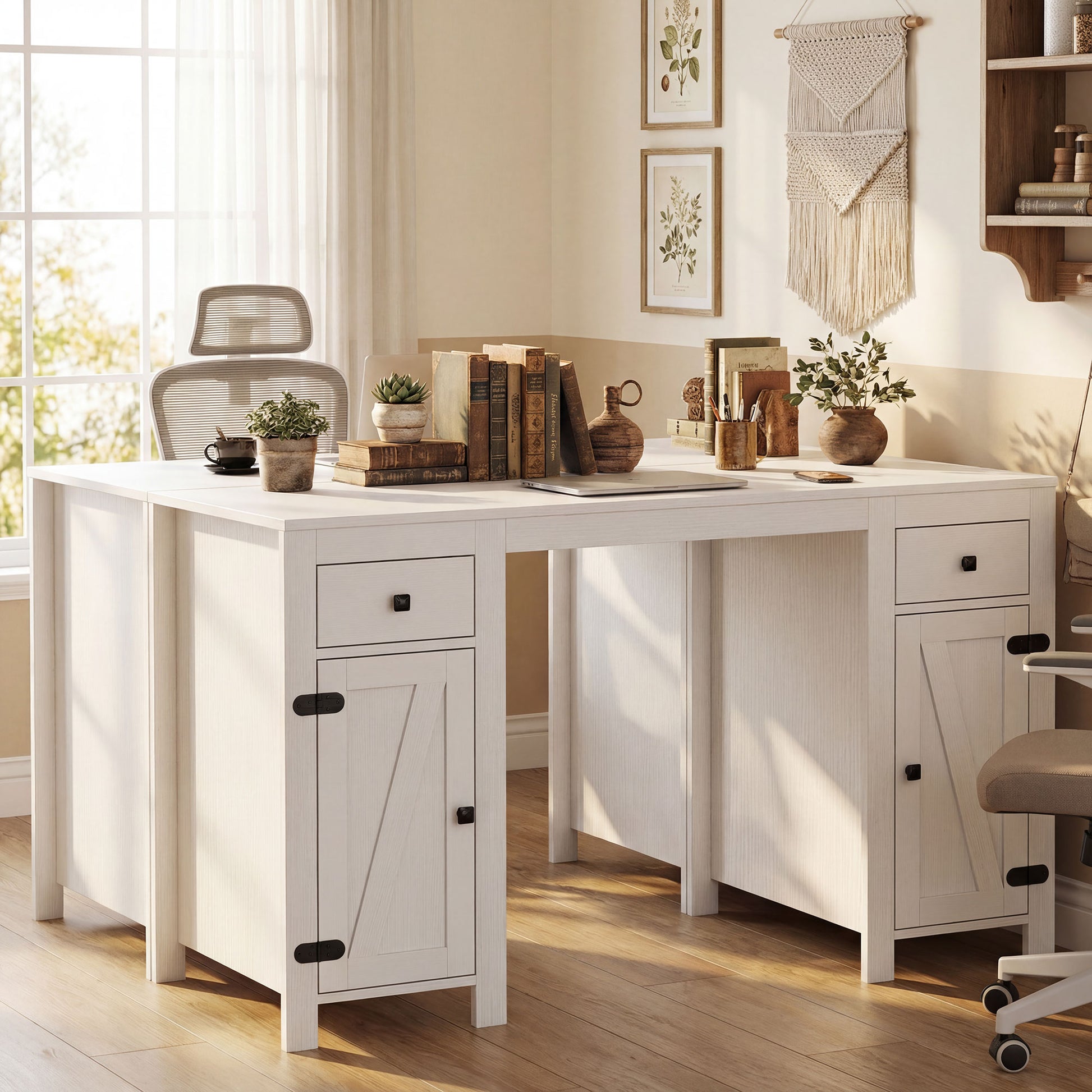 53" Farmhouse Executive Desk with Drawers - White Wood Grain-DECOROLALA