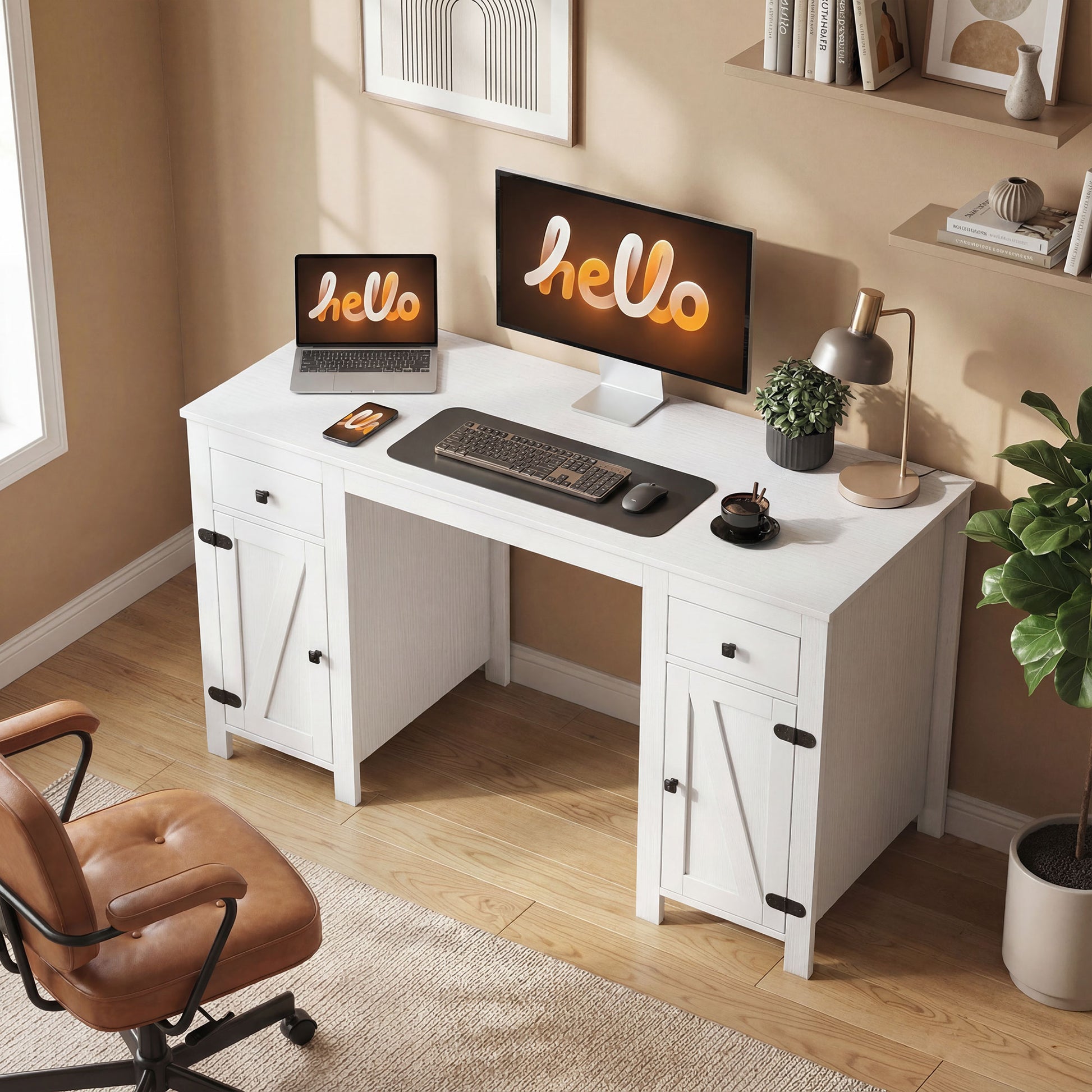 53" Farmhouse Executive Desk with Drawers - White Wood Grain-DECOROLALA