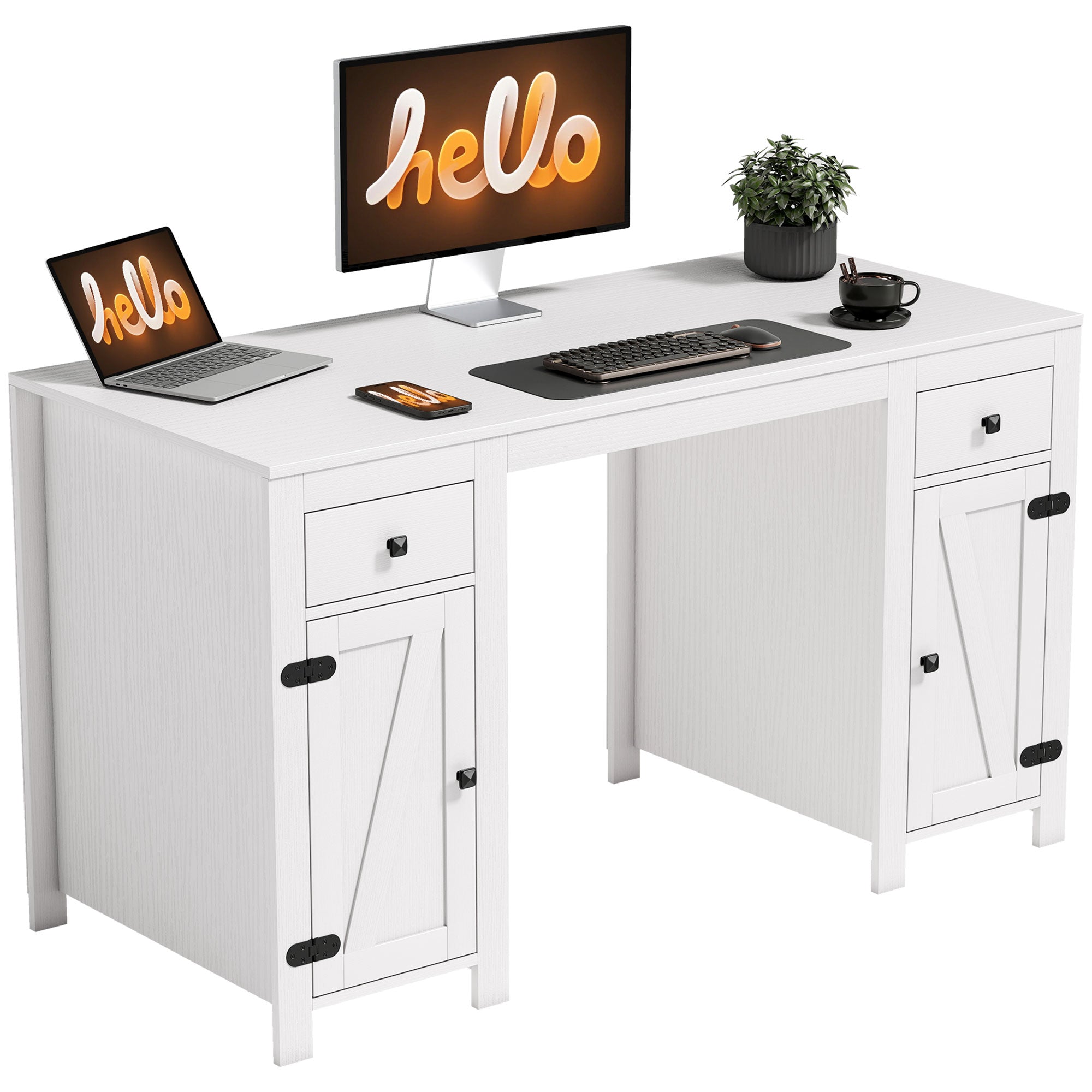 53" Farmhouse Executive Desk with Drawers - White Wood Grain-DECOROLALA