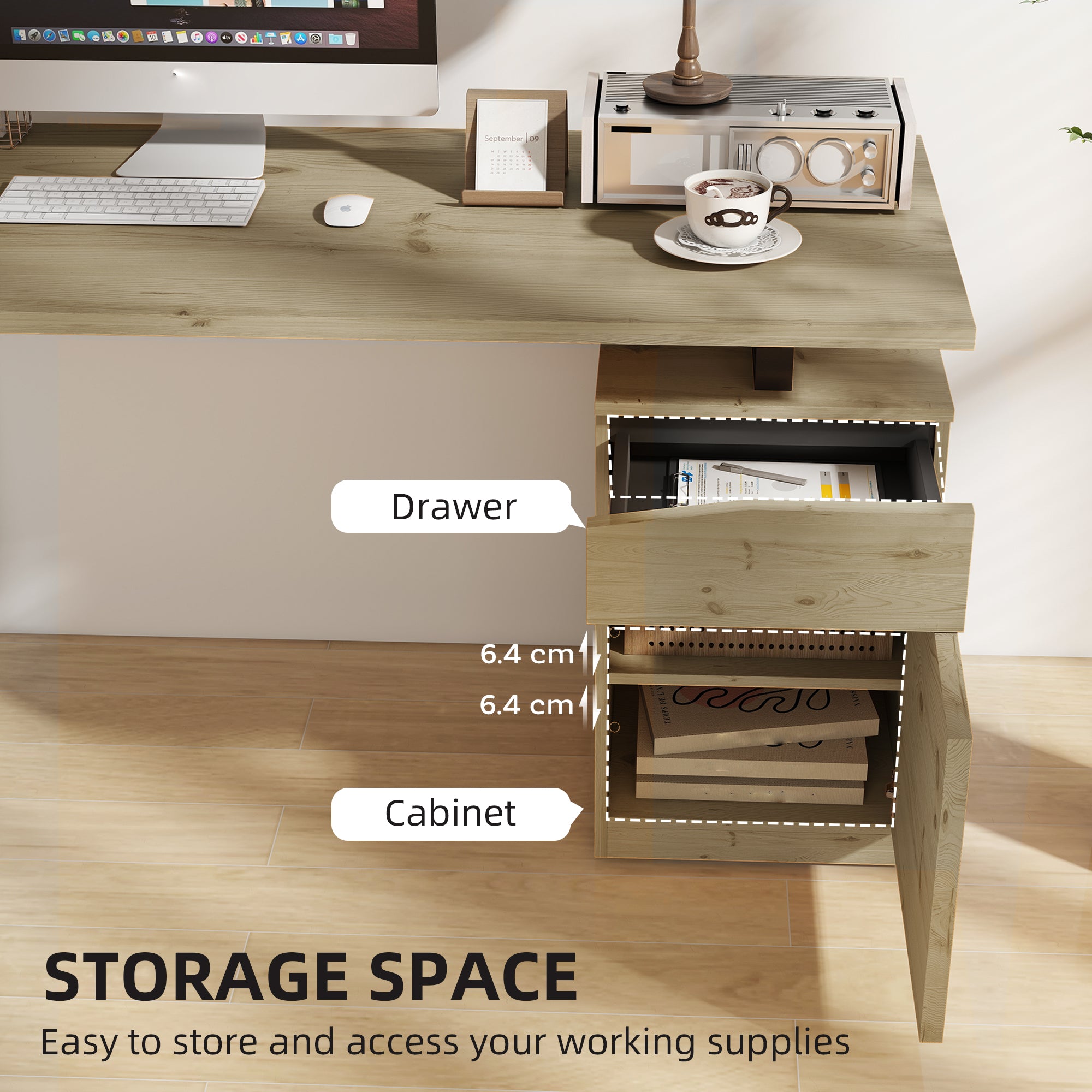 53 Inch Computer Desk, Writing Table with Cabinet, Drawer, Adjustable Shelf for Home Office Study, Natural Wood-Office Products > Office Furniture > Office Desks & Work Stations-DECOROLALA