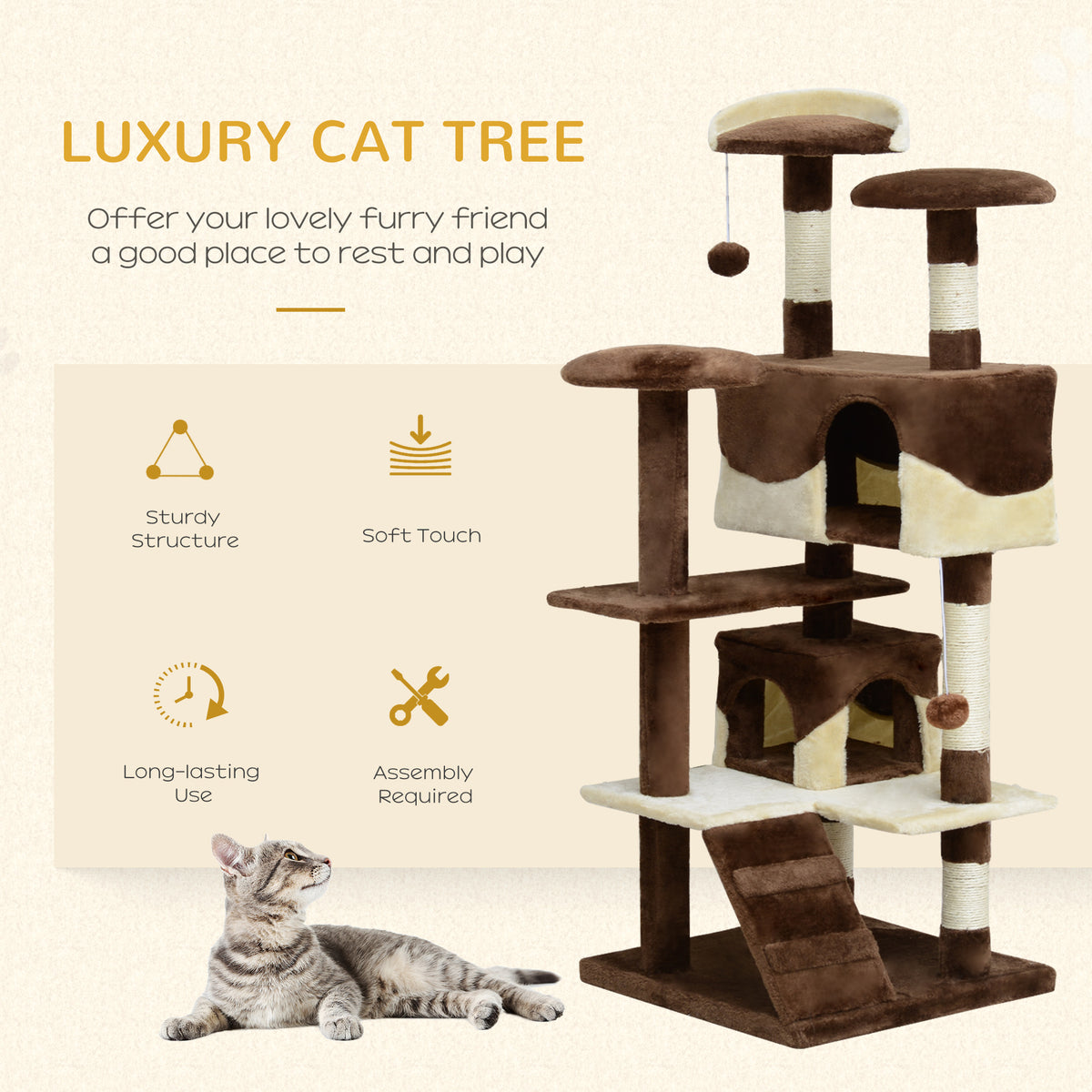 53" Multi-Level Cat Tree - Brown and Beige Activity Center-Cats-DECOROLALA