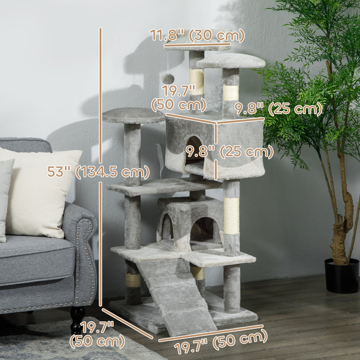 53" Multi-Level Cat Tree Tower with 2 Condos - Grey-Cats-DECOROLALA
