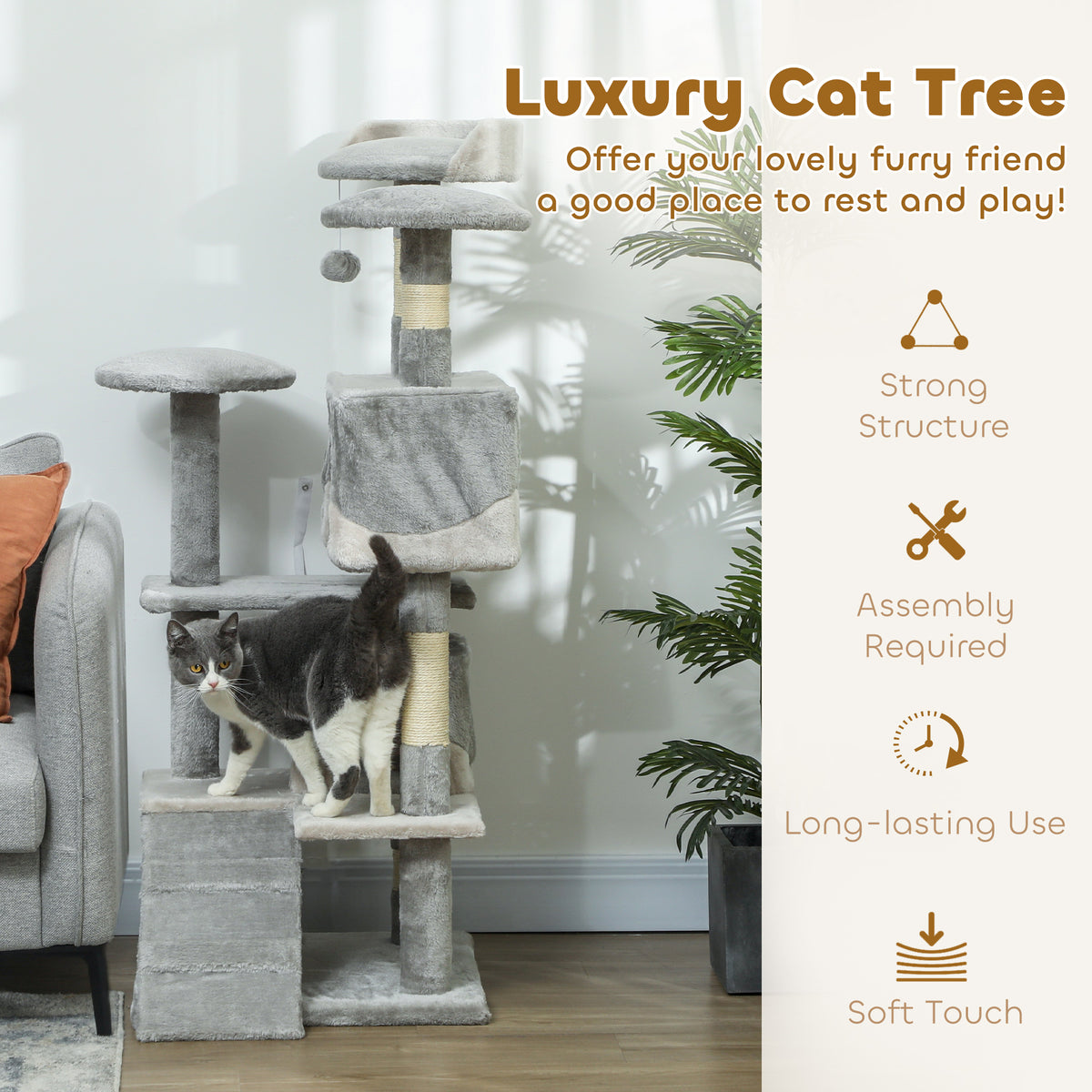 53" Multi-Level Cat Tree Tower with 2 Condos - Grey-Cats-DECOROLALA