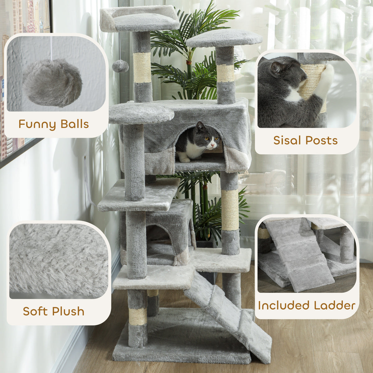 53" Multi-Level Cat Tree Tower with 2 Condos - Grey-Cats-DECOROLALA
