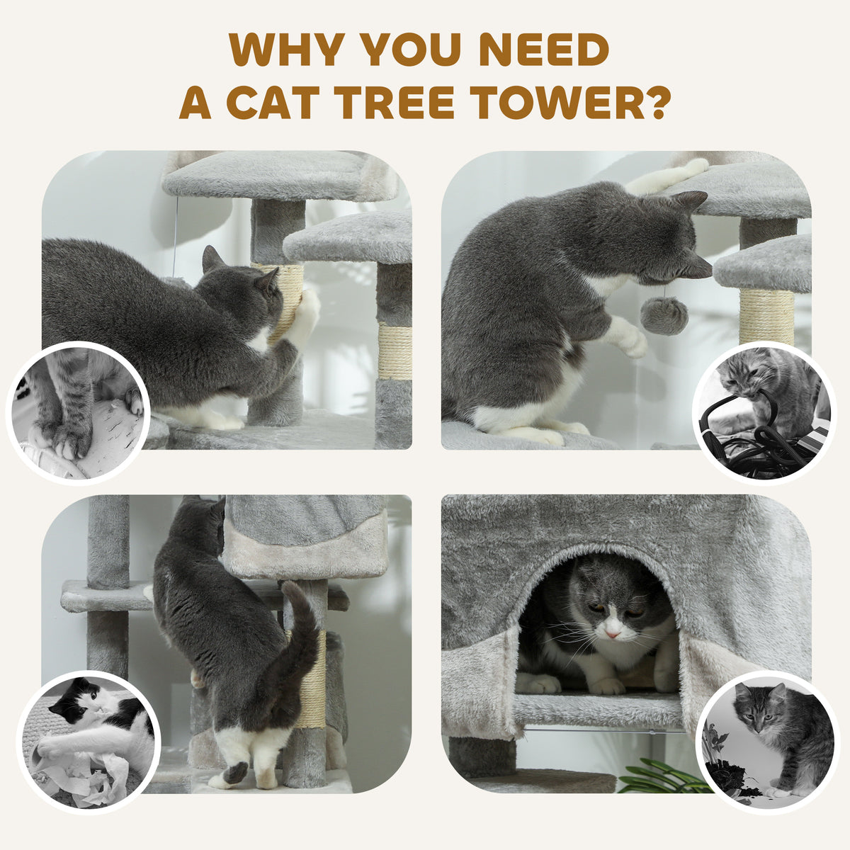 53" Multi-Level Cat Tree Tower with 2 Condos - Grey-Cats-DECOROLALA