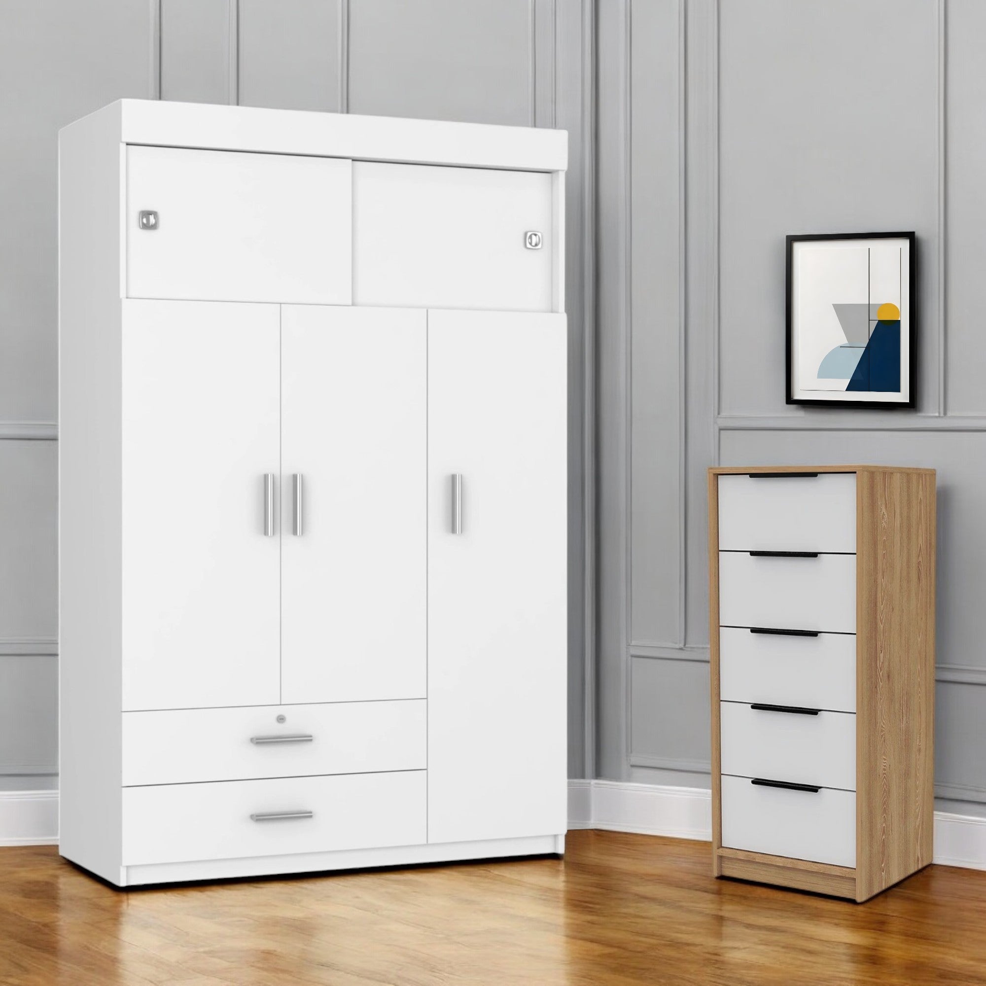 Two Piece White and Natural Bedroom Set-Bedroom Furniture Sets-DECOROLALA