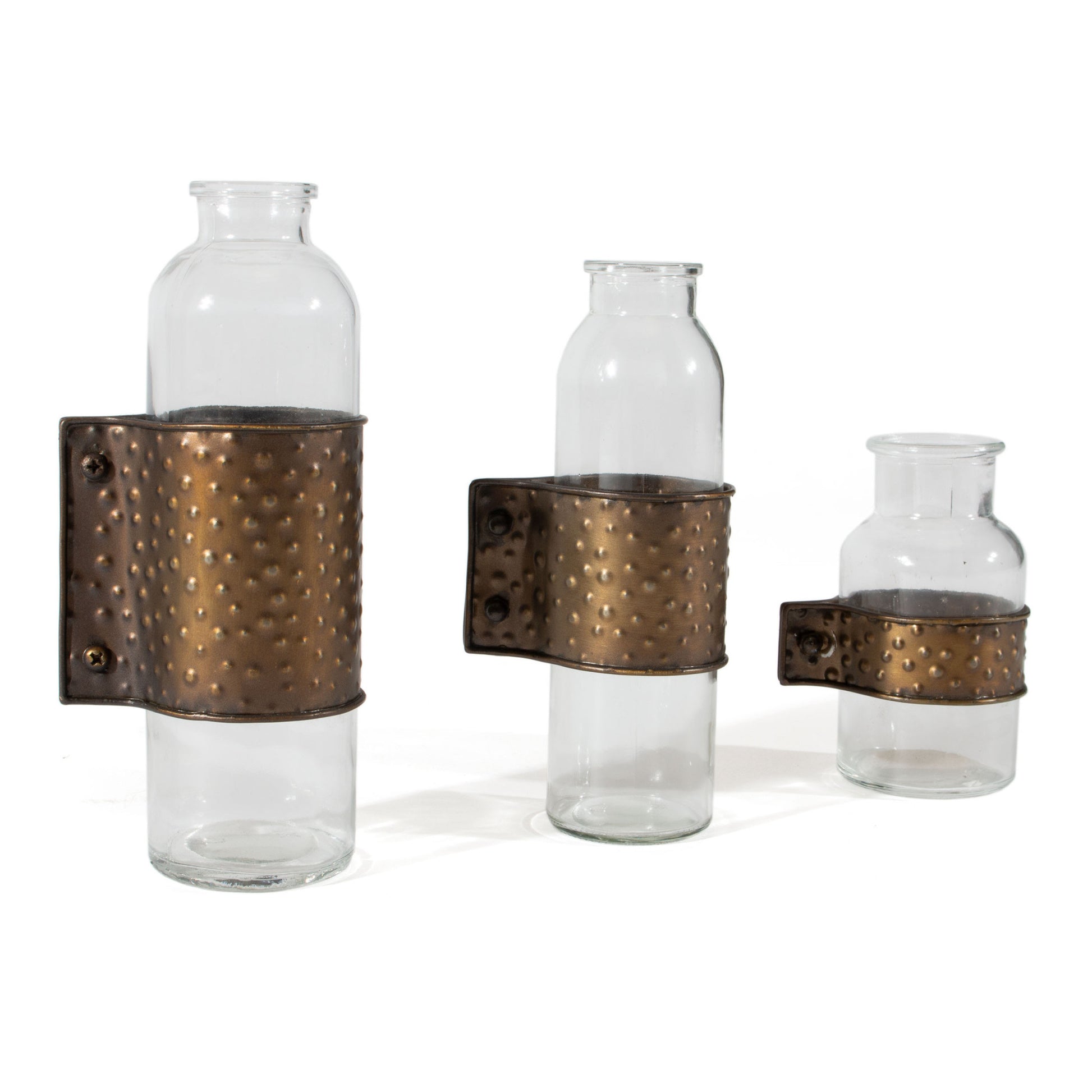 Set of Three Clear and Bronze Hammered Cylinder Metal and Glass Table Vase-Vases-DECOROLALA