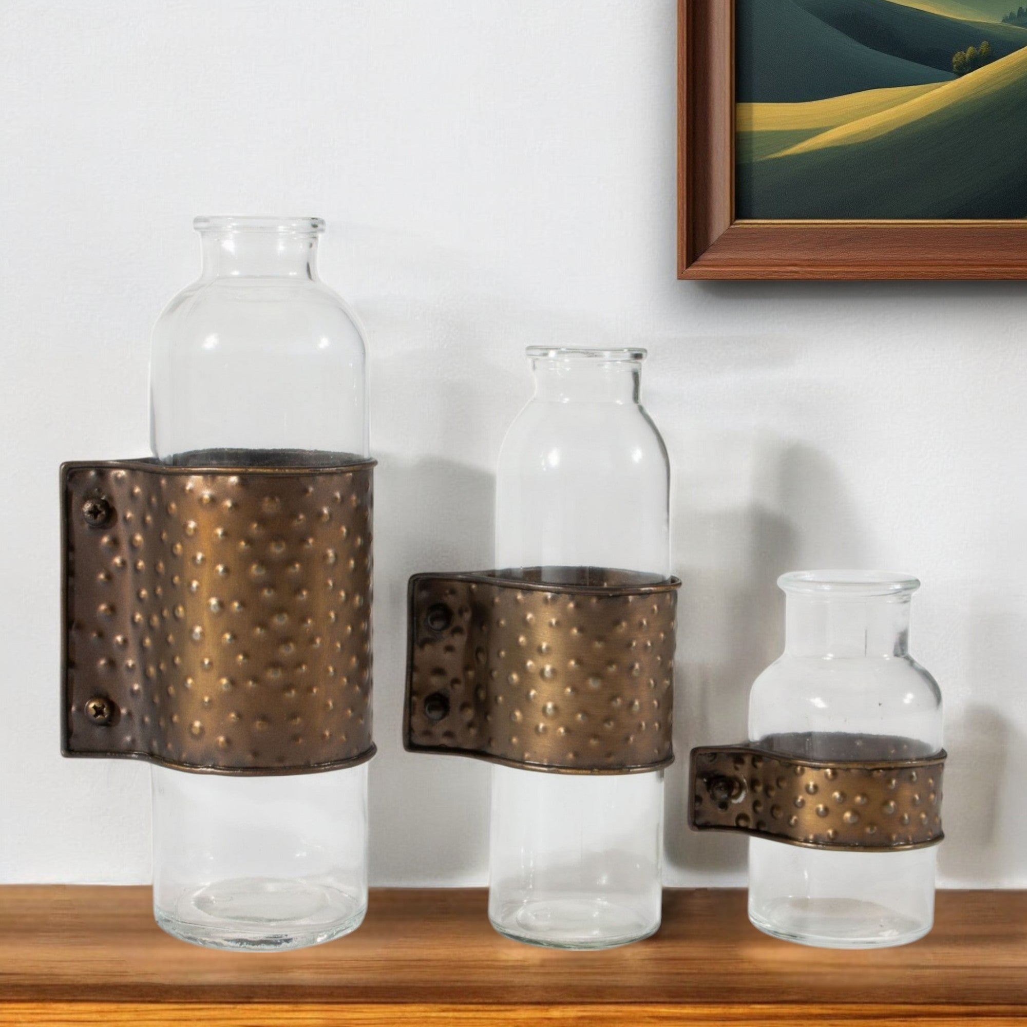 Set of Three Clear and Bronze Hammered Cylinder Metal and Glass Table Vase-Vases-DECOROLALA