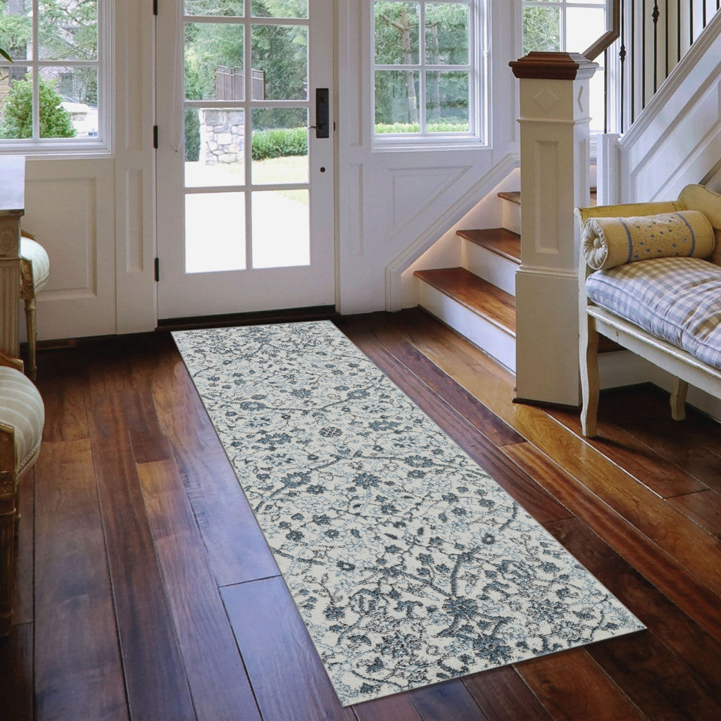 10' Charcoal And Ivory Floral Runner Rug-4