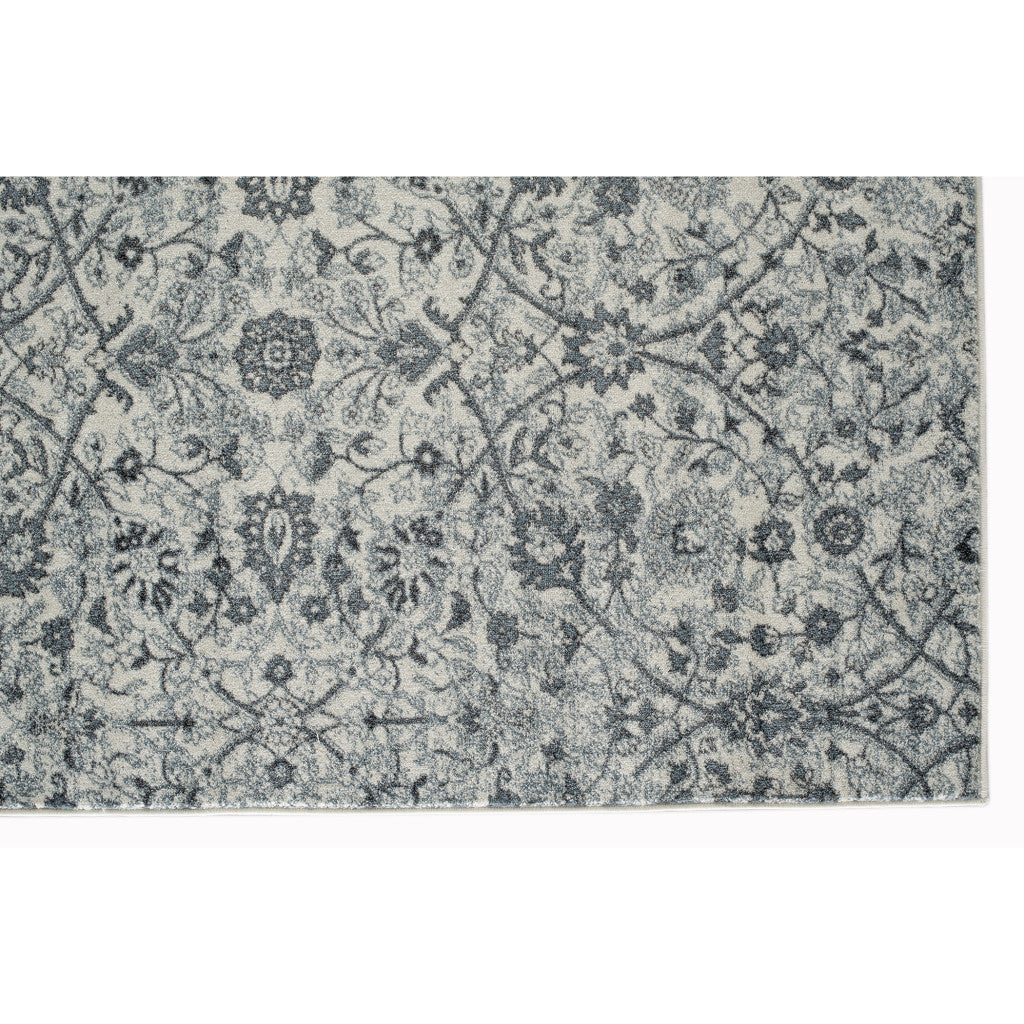 10' Charcoal And Ivory Floral Runner Rug-3