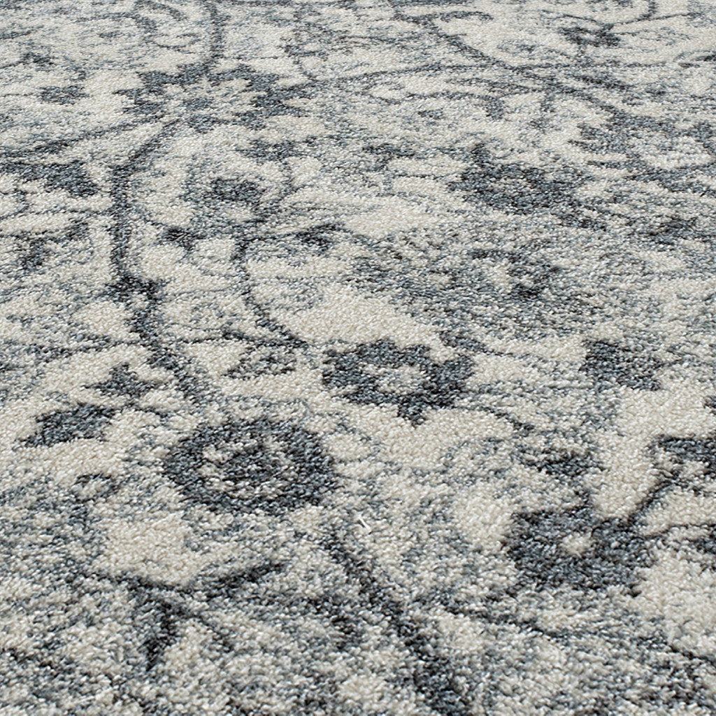 10' Charcoal And Ivory Floral Runner Rug-6