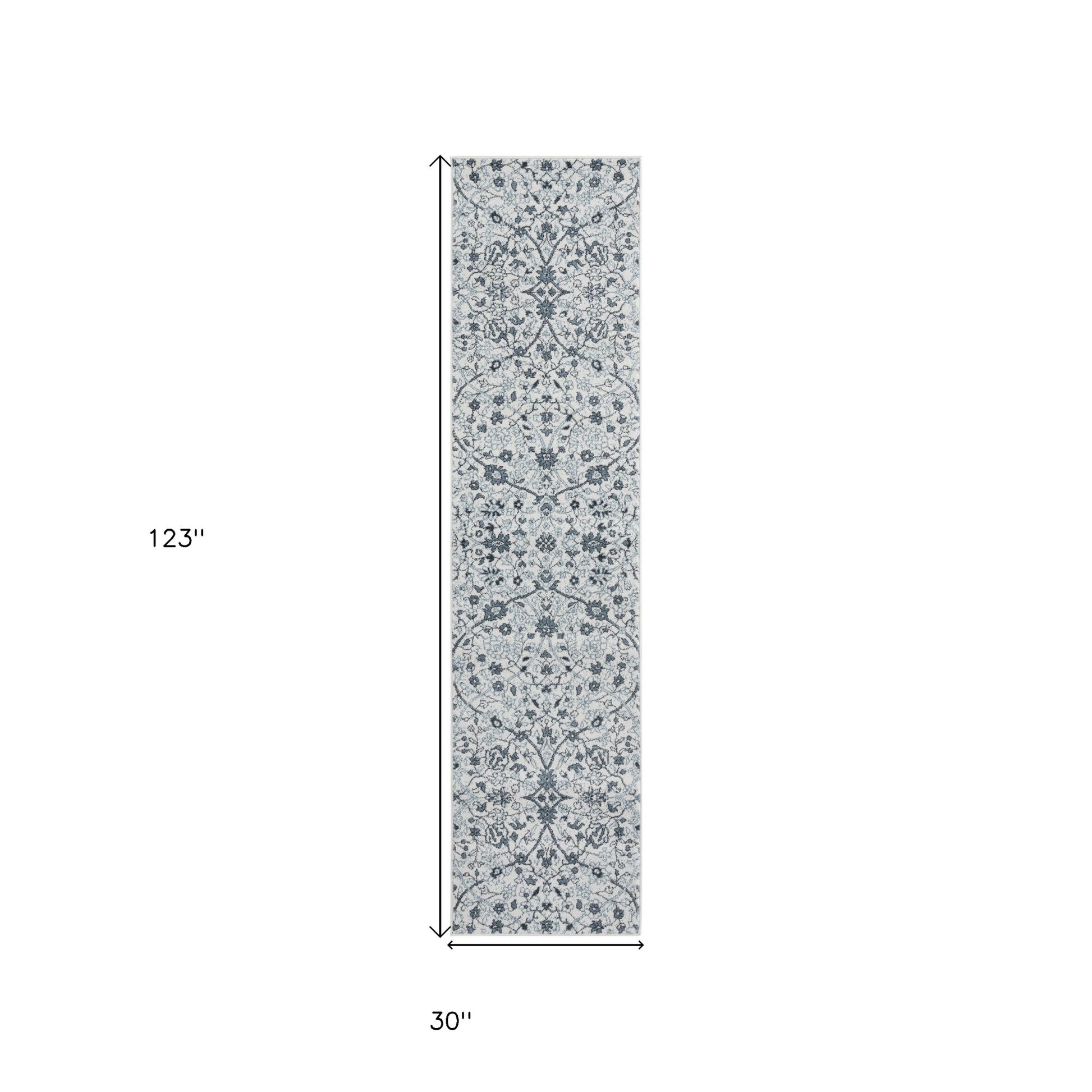 10' Charcoal And Ivory Floral Runner Rug-2