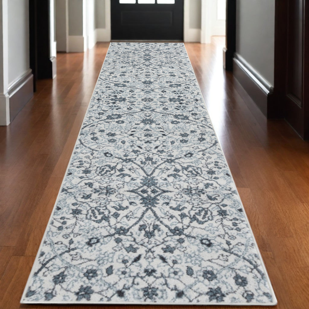 10' Charcoal And Ivory Floral Runner Rug-0
