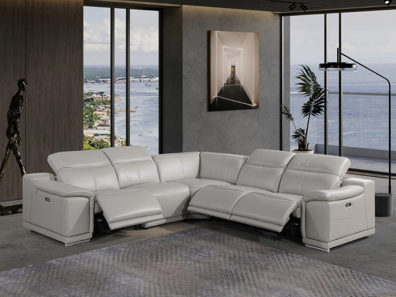 Light Gray Italian Leather Power Reclining U Shaped Five Piece Corner Sectional With Console-Sectionals-DECOROLALA