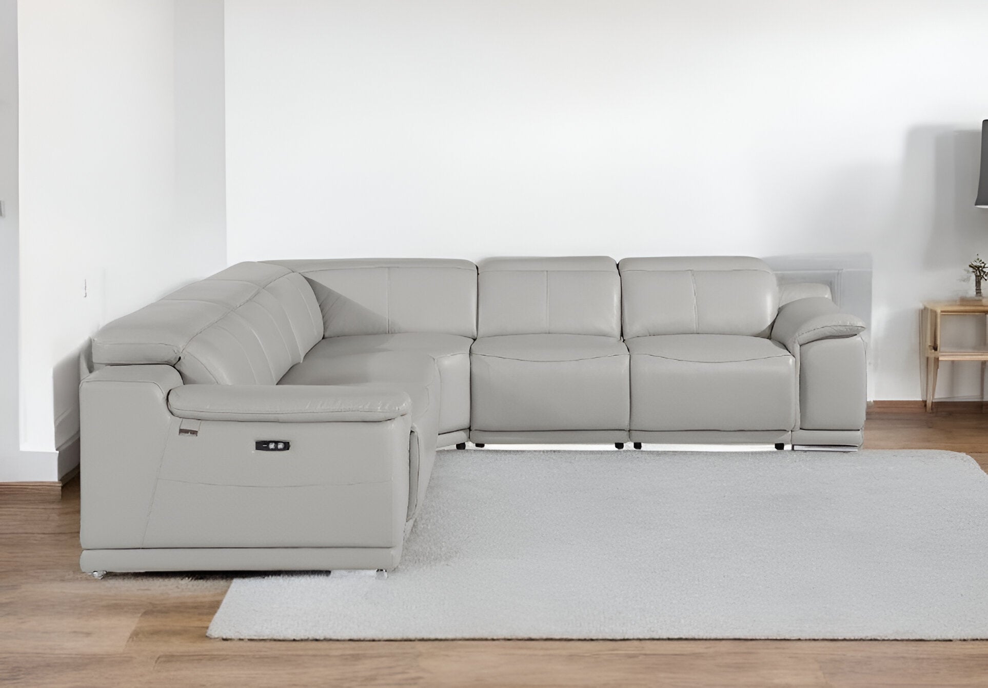 Light Gray Italian Leather Power Reclining U Shaped Five Piece Corner Sectional With Console-Sectionals-DECOROLALA