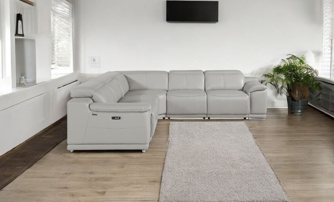 Light Gray Italian Leather Power Reclining U Shaped Five Piece Corner Sectional With Console-Sectionals-DECOROLALA