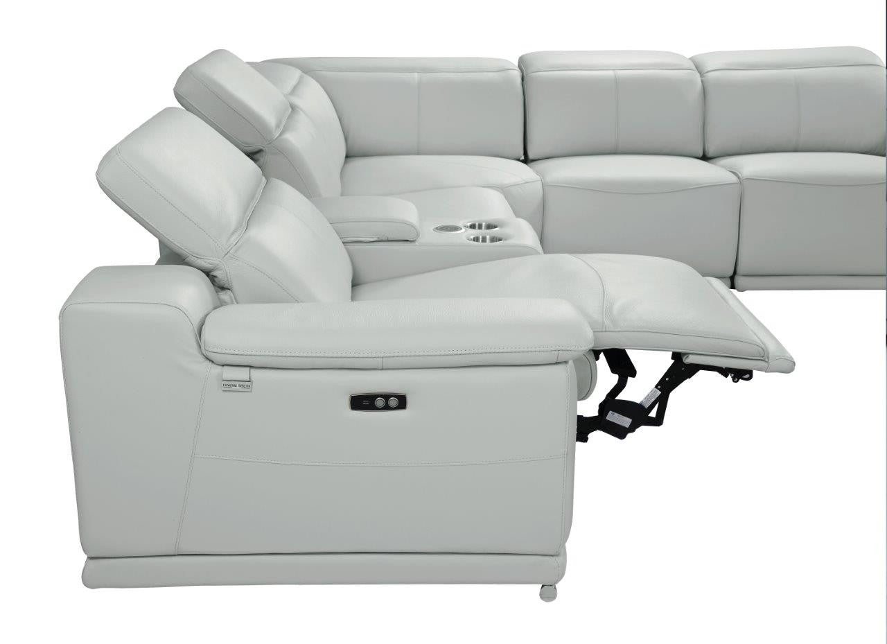 Light Gray Italian Leather Power Reclining U Shaped Five Piece Corner Sectional With Console-Sectionals-DECOROLALA