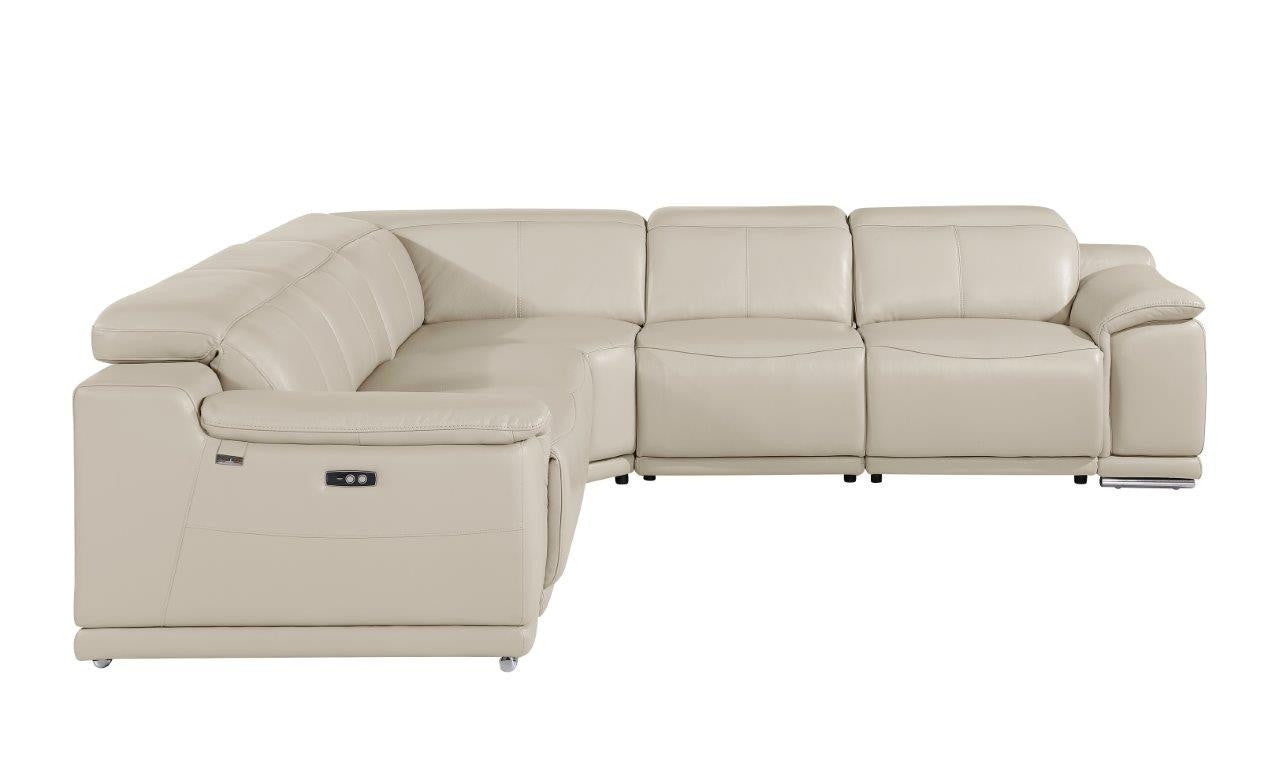 Beige Italian Leather Power Reclining U Shaped Five Piece Corner Sectional With Console-Sectionals-DECOROLALA