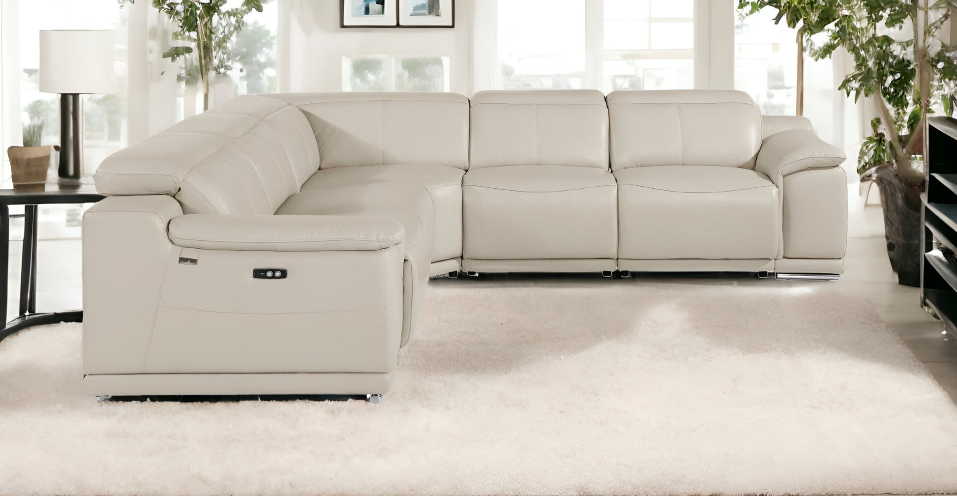 Beige Italian Leather Power Reclining U Shaped Five Piece Corner Sectional With Console-Sectionals-DECOROLALA
