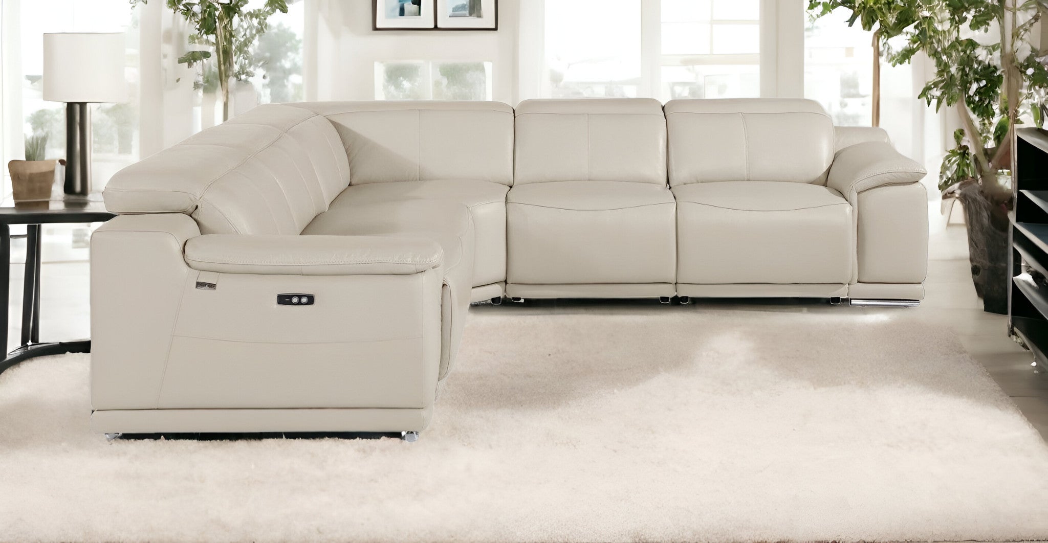 Beige Italian Leather Power Reclining U Shaped Five Piece Corner Sectional With Console-Sectionals-DECOROLALA
