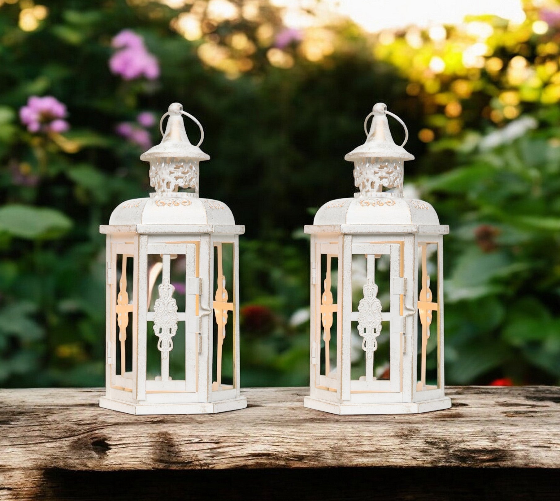 Set of Two White And Gold Glass And Metal Filigree Tabletop Lantern Candle Holders-Candle Holders-DECOROLALA